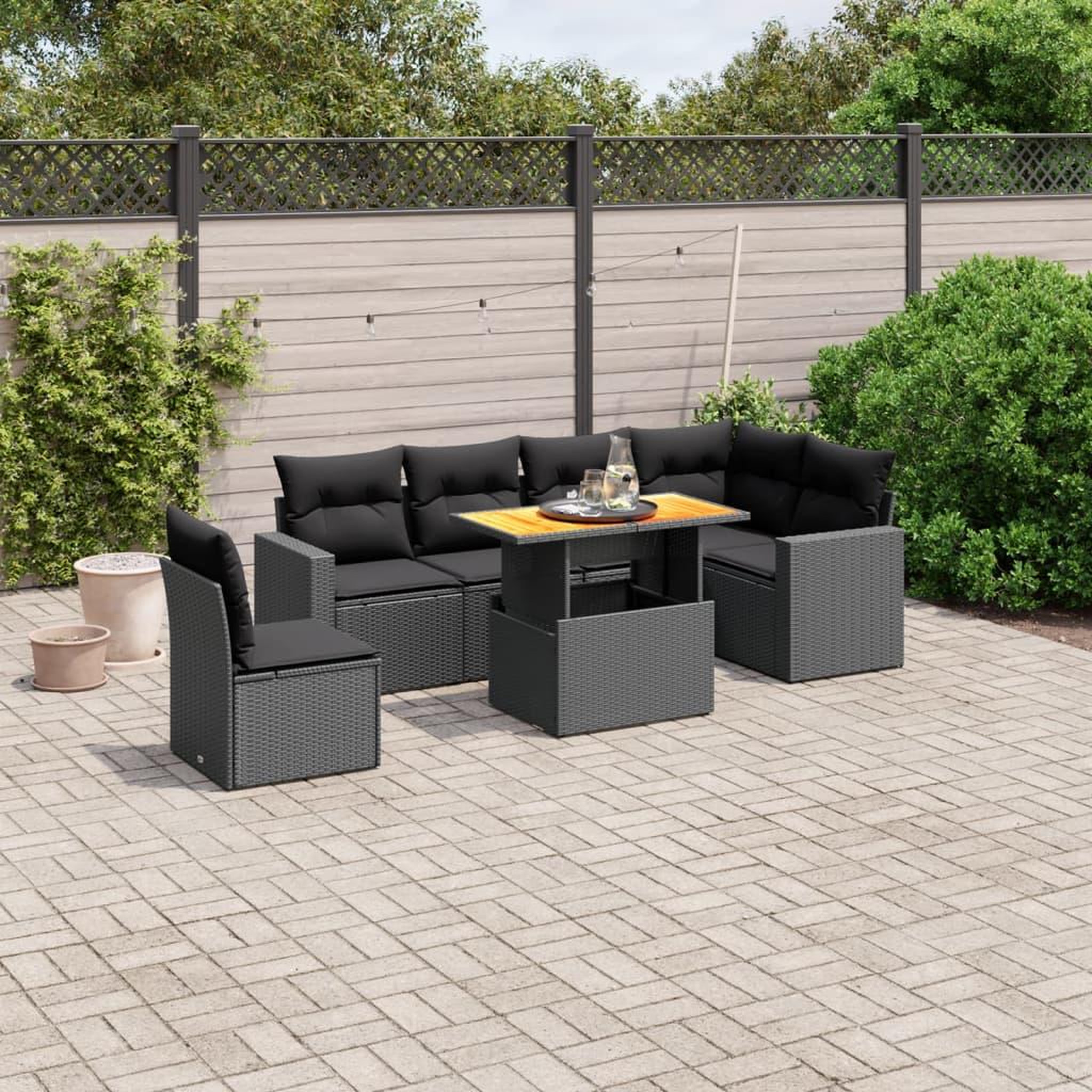 VIDAXL Salon de jardin 7 pcs avec coussins noir resine tressee