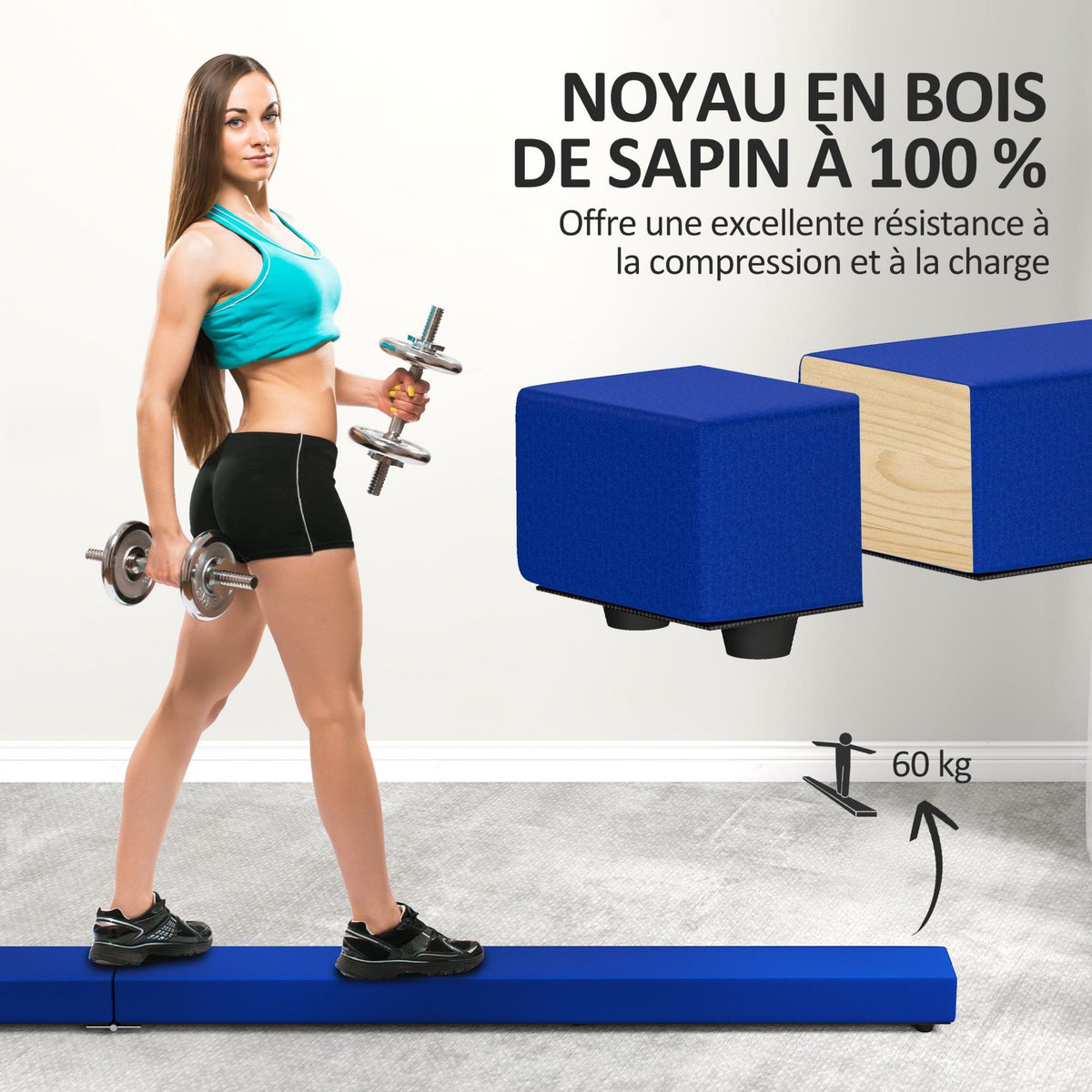 HOMCOM Poutre gymnastique pliable 210 cm - poutre d'équilibre antidérapante - bois de pin revêtement flanelle bleu