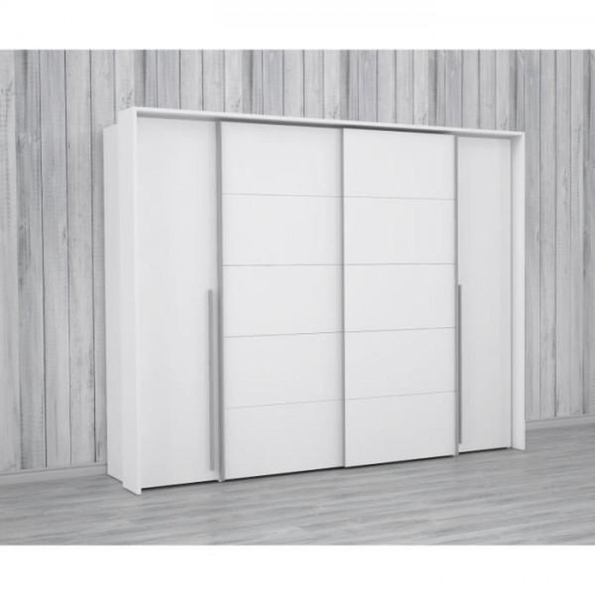 Voir la diapositive 3 : MARKET24 Armoire - Blanc mat - 2 portes battantes + 2 portes coulissantes - L 270,3 x P 61,2 x H 210 cm - NARAGO