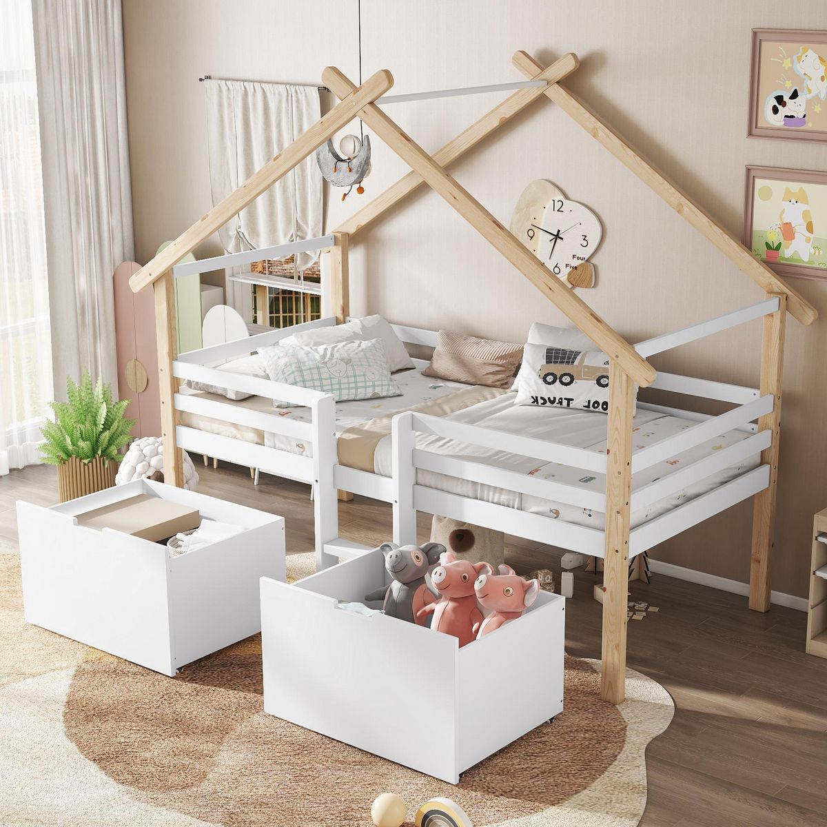 MERAX Lit cabane enfant 90x200cm bois et mdf coloris blanc+naturel