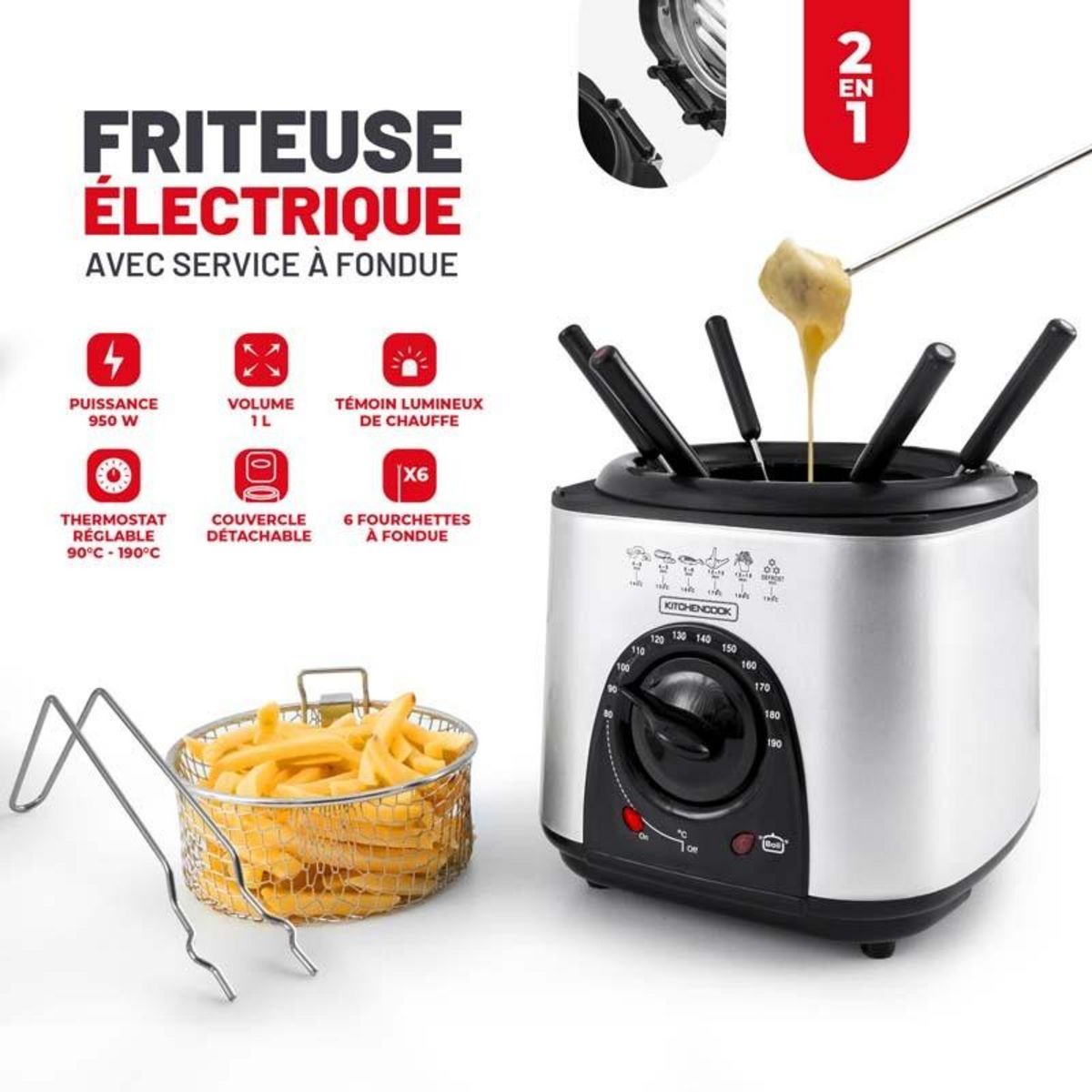 KITCHENCOOK Kitchencook - Friteuse électrique 1l 2en1  - Avec Service à Fondue - Couvercle Avec Fenêtre - Revêtement Antiadhésif