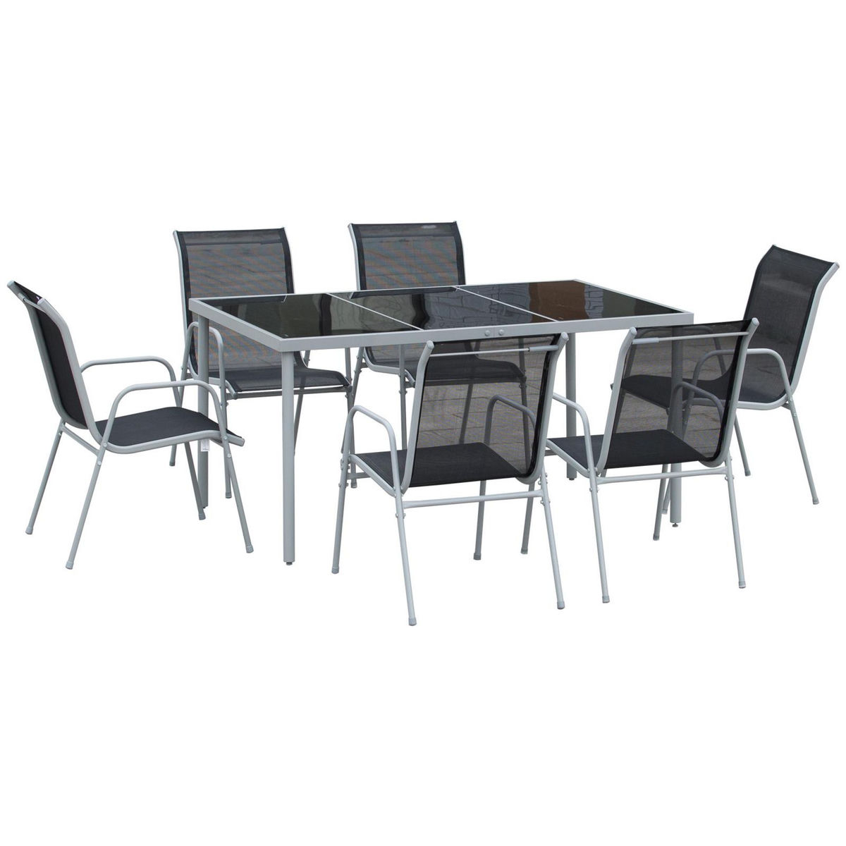 OUTSUNNY Ensemble de jardin 6 pers. 6 chaises empilables table plateau verre trempé 5 mm métal époxy gris textilène noir