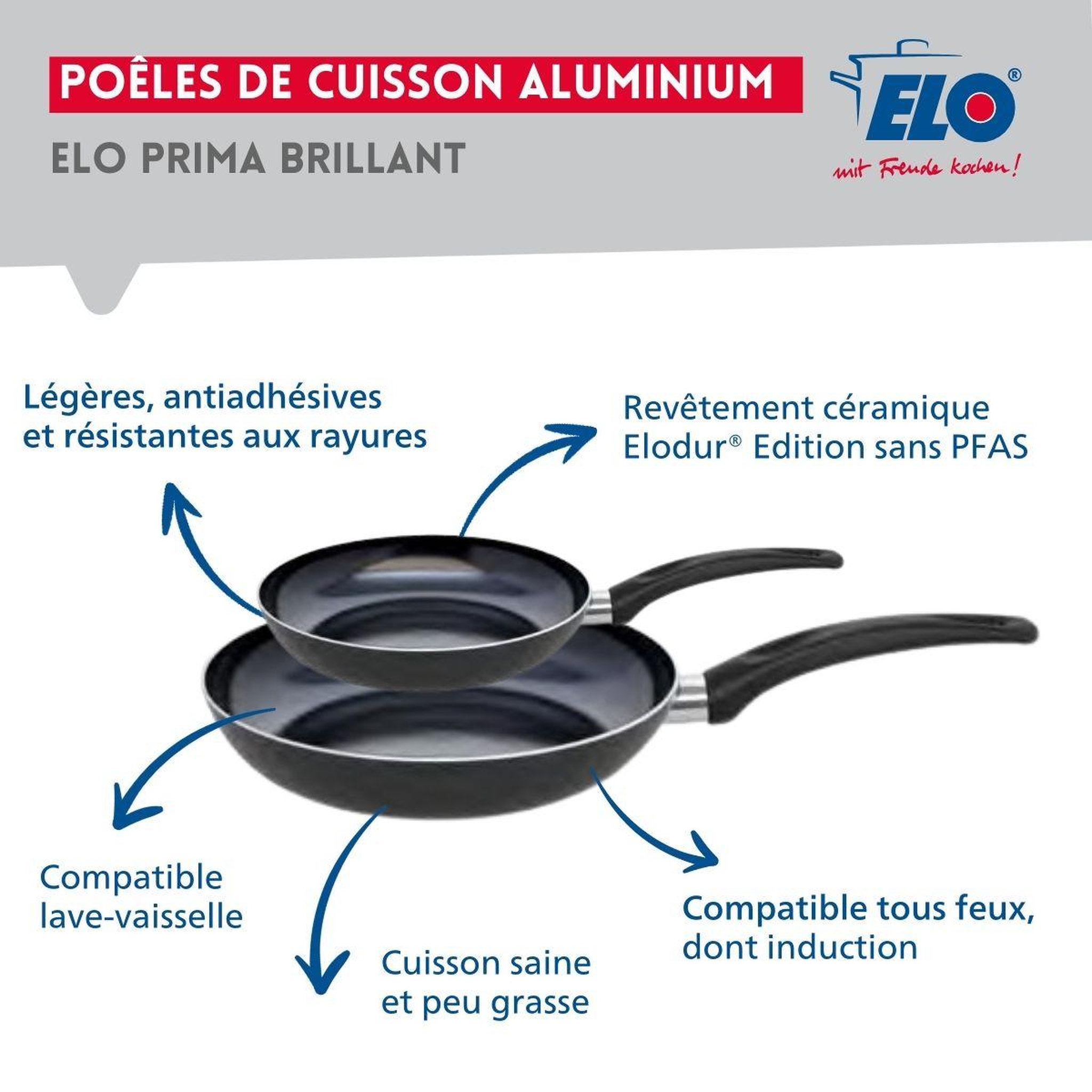 Voir la diapositive 4 : ELO Ensemble de 2 poêles de cuisson 24 et 32 cm et 1 faitout 20 cm elo prima brillant