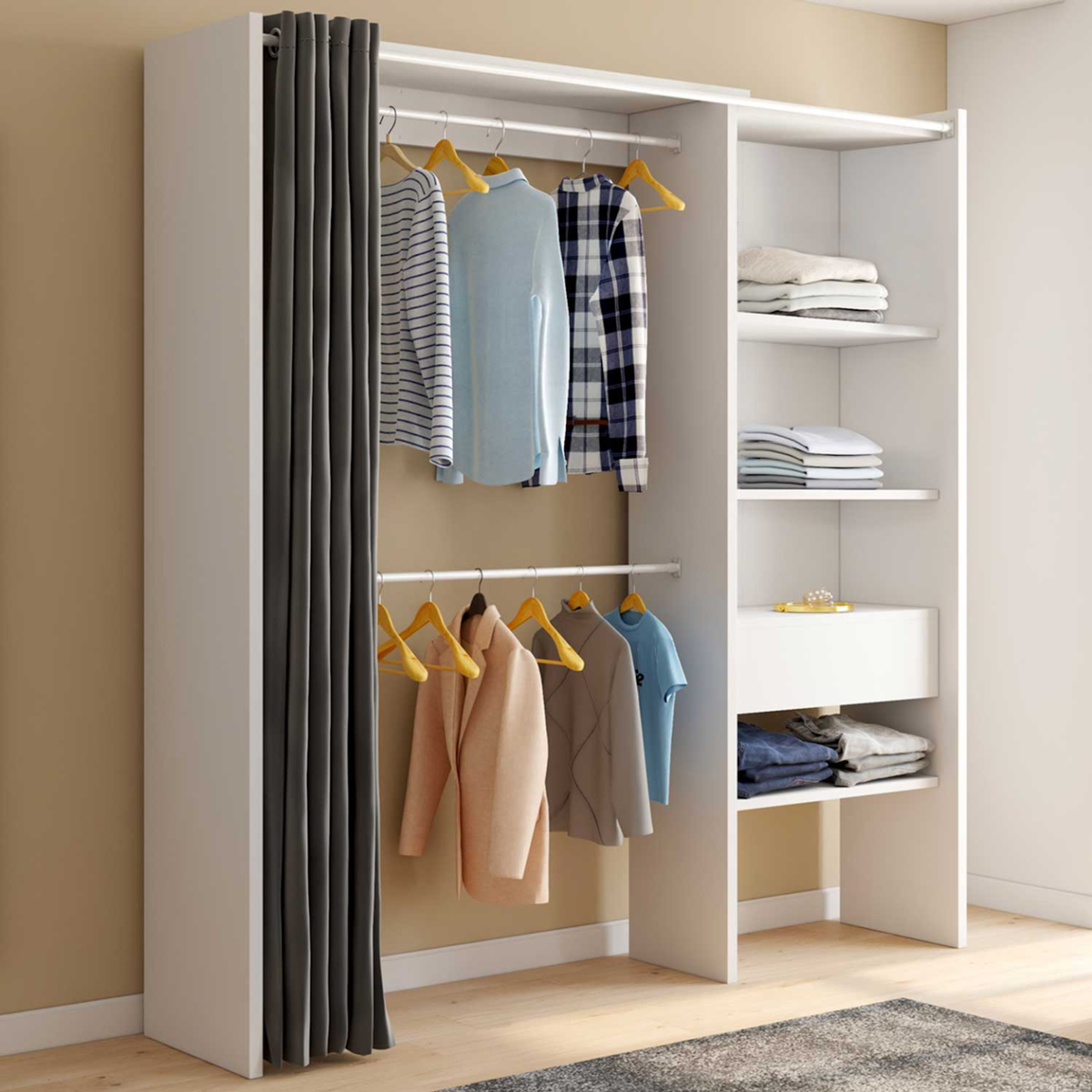 ID MARKET Dressing extensible MARTY 120/170 x 50 x 180 cm blanc avec étagères + double penderie + rideau gris
