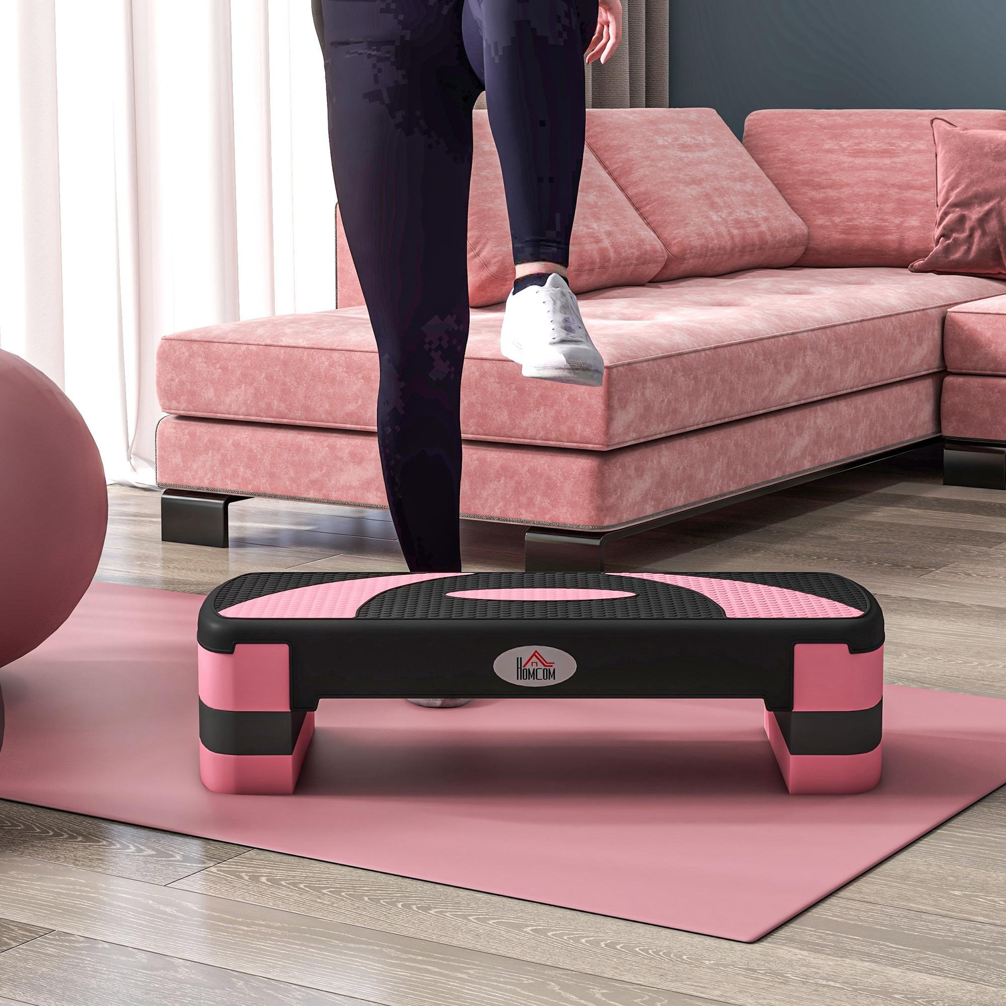 Voir la diapositive 4 : HOMCOM Stepper fitness aerobic hauteur reglable surface antiderapante 80 x 31 x 20 cm noir rose
