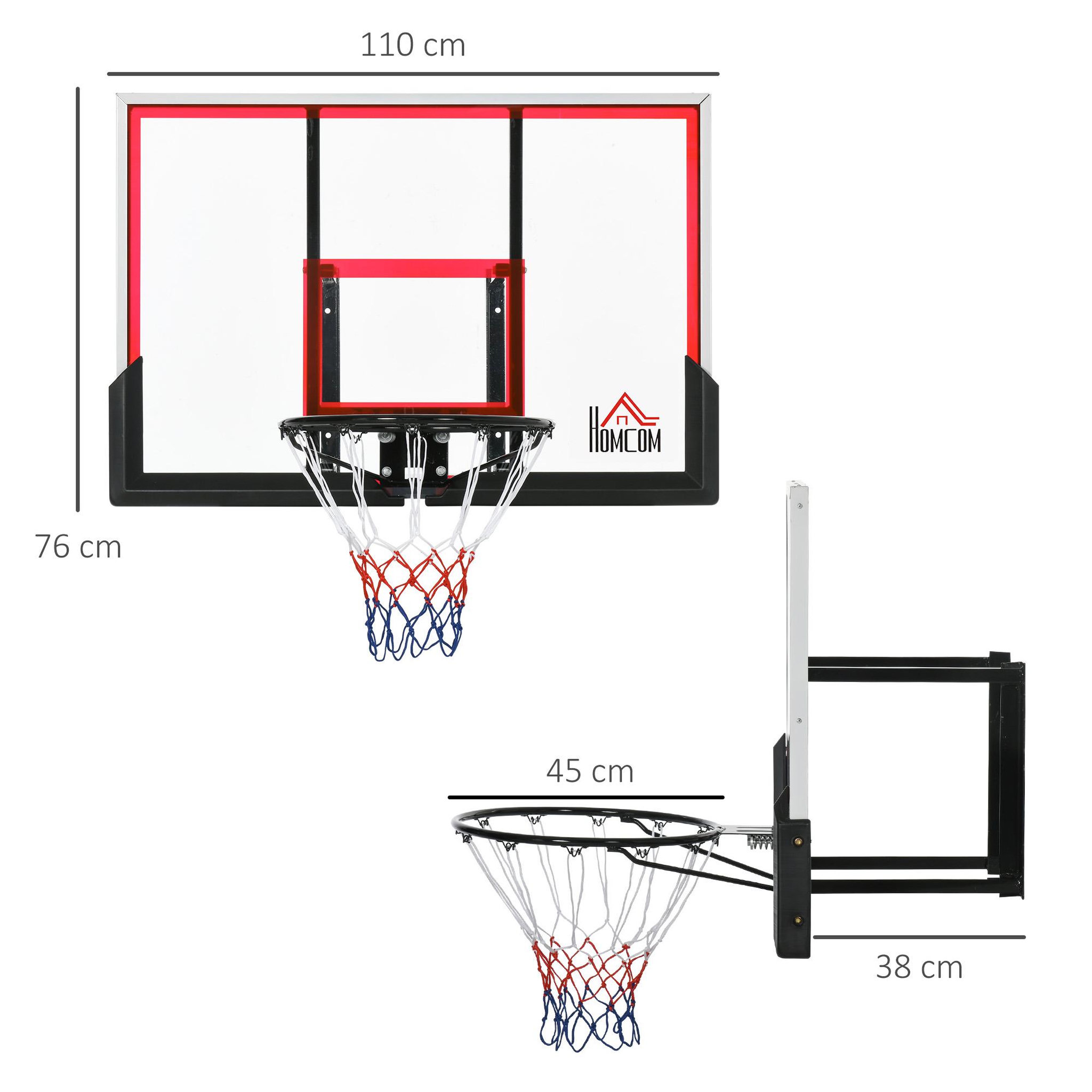 Voir la diapositive 3 : HOMCOM Panier de basket-ball mural avec ressort - panneau de basket à accrocher - visserie incluse - acier pc rouge noir