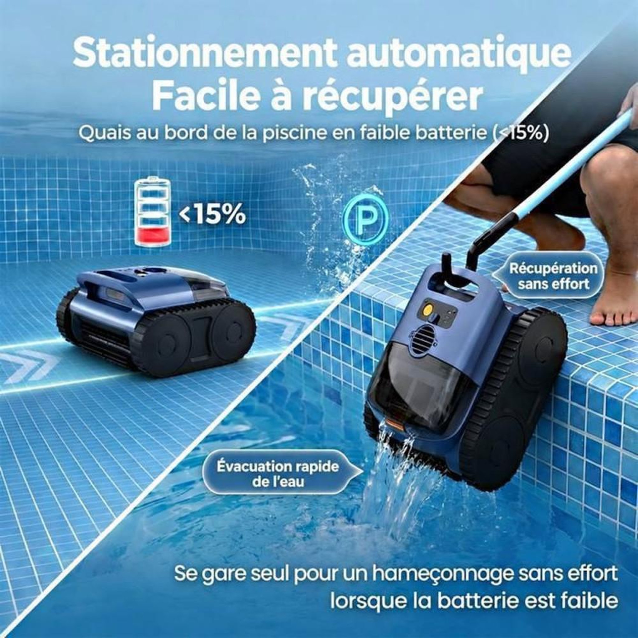 Voir la diapositive 6 : Nettoyeur de piscine robot sans fil gyroscope bleu pour fond, parois et ligne d'eau jusqu'à 200 m²