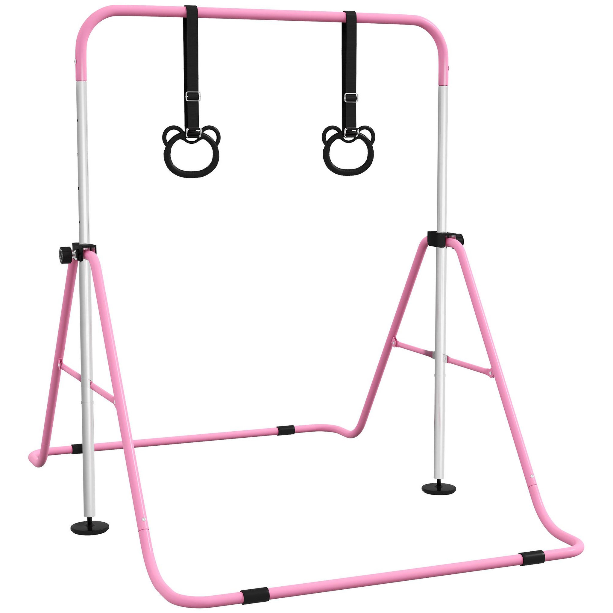 Voir la diapositive 1 : HOMCOM Portique d'anneaux double haubanage hauteur réglable dim. 148L x 105l x 88-128H cm acier rose