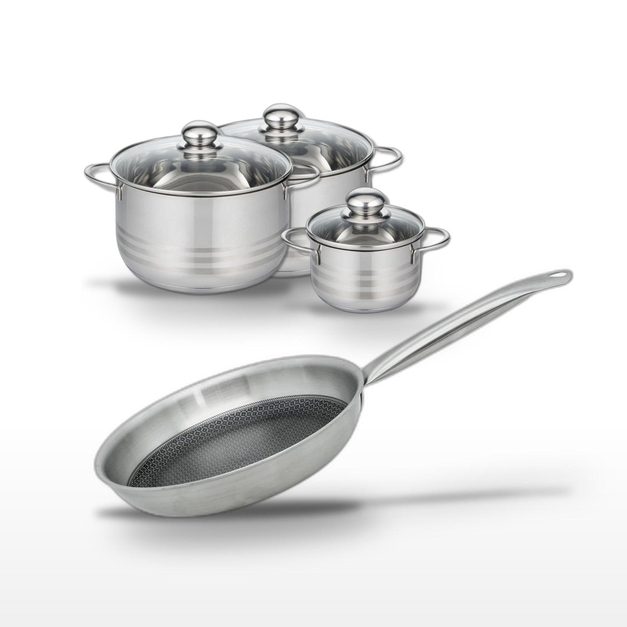 ELO Batterie de cuisine avec 3 faitouts 14/20/24 cm et 1 poêle de cuisson 28 cm en inox et sans pfas elo collection relief solution brillant