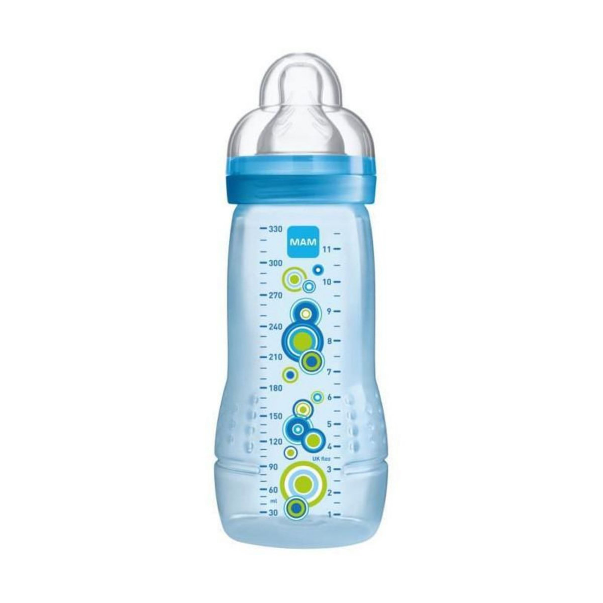 MAM MAM Biberon Easy Active 2eme age Decore - 330ml - a partir de 6 mois - Tetine Debit X - Bleu