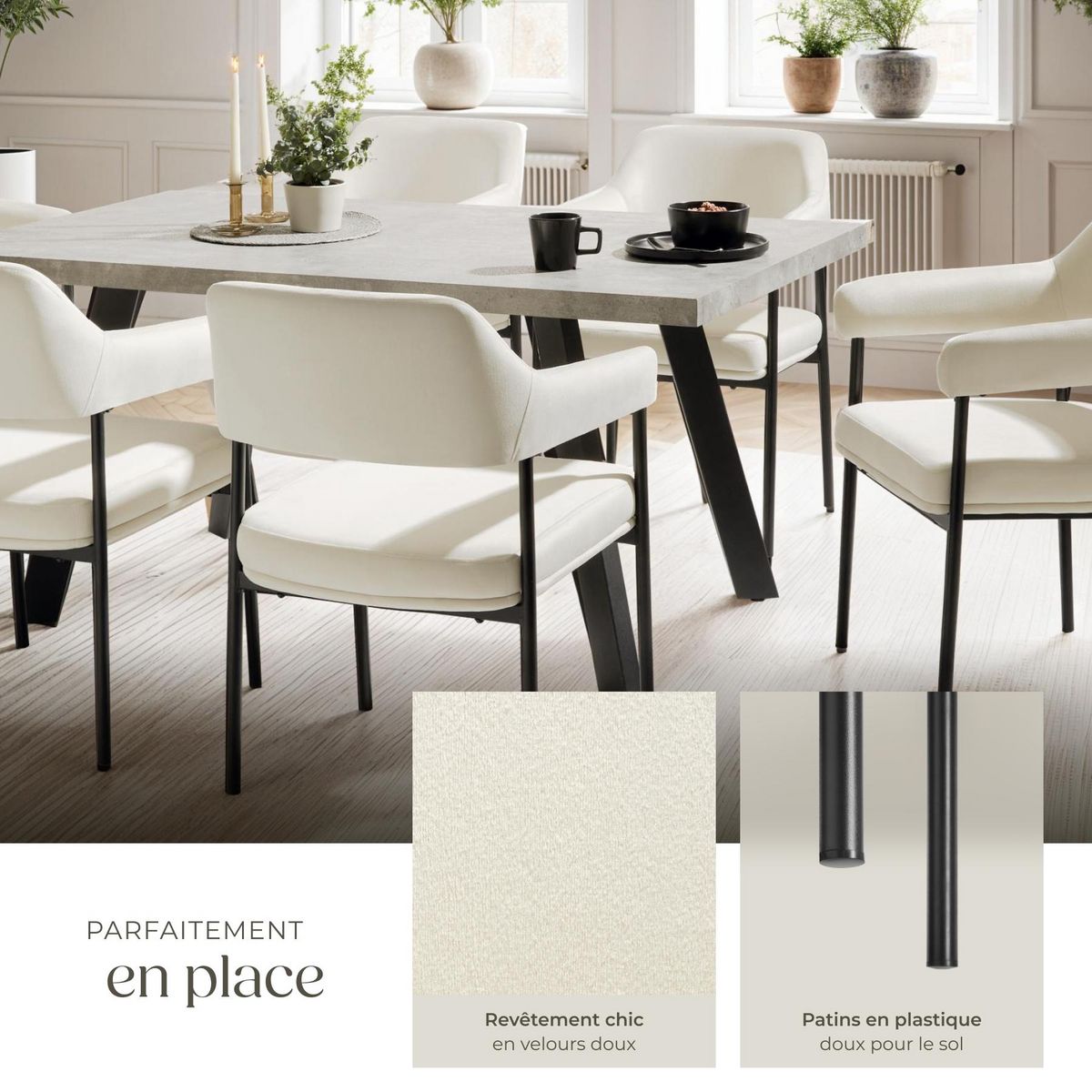 tectake Fauteuil rembourré Aspect velours blanc cassé Lot de 2