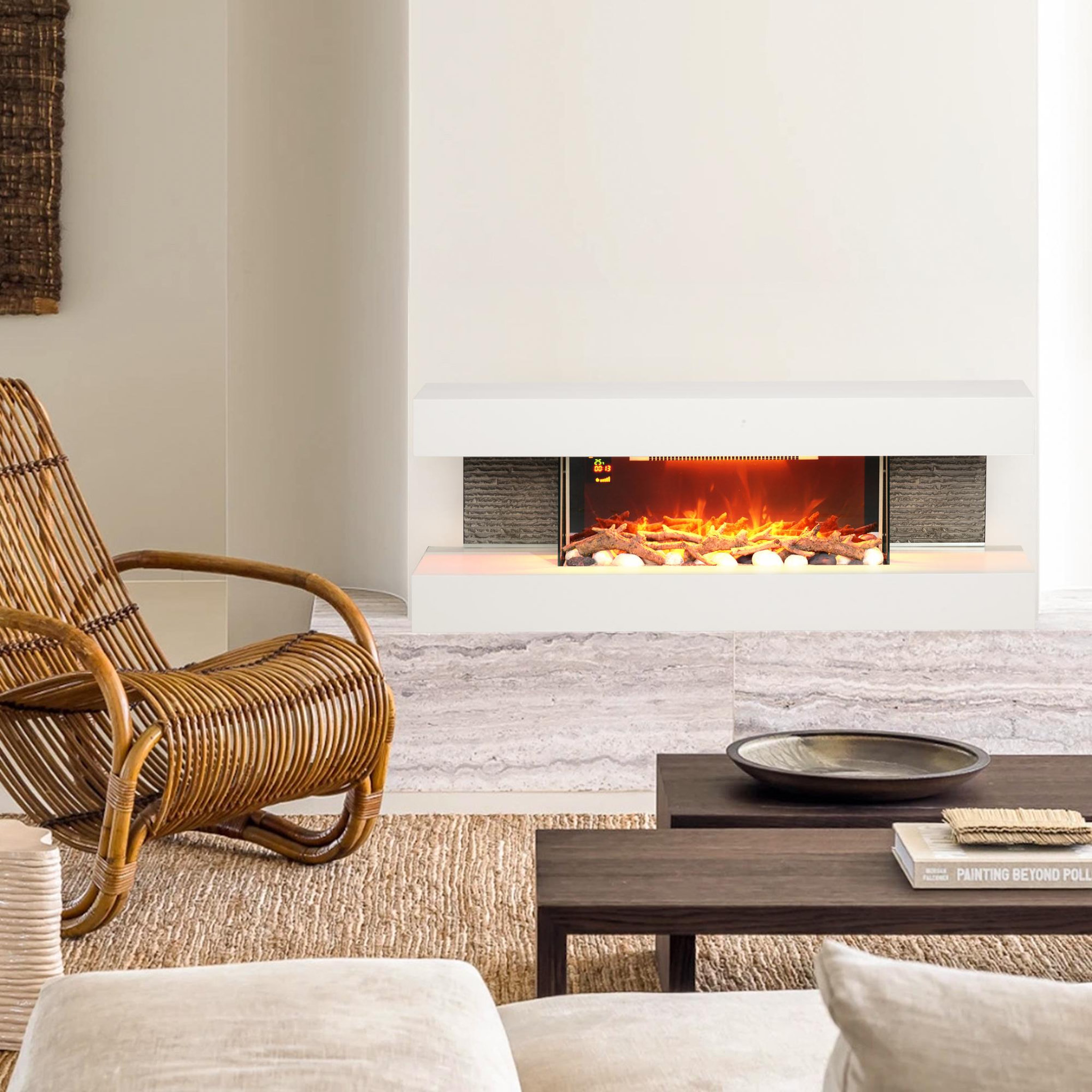 Voir la diapositive 2 : HOMCOM Cheminée électrique design contemporain 2000W effets flammes LED 3D dim. 119L x 30l x 45H cm éléments décoratifs télécommande inclus blanc