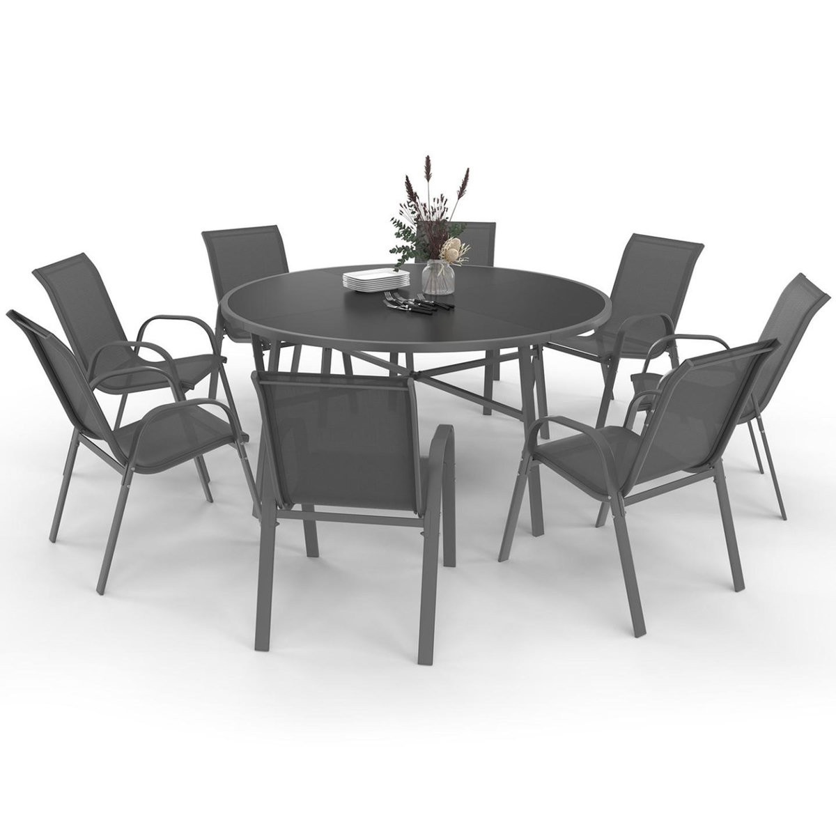 ID MARKET Salon de jardin MADRID table ronde 150 CM et 8 chaises empilables gris anthracite