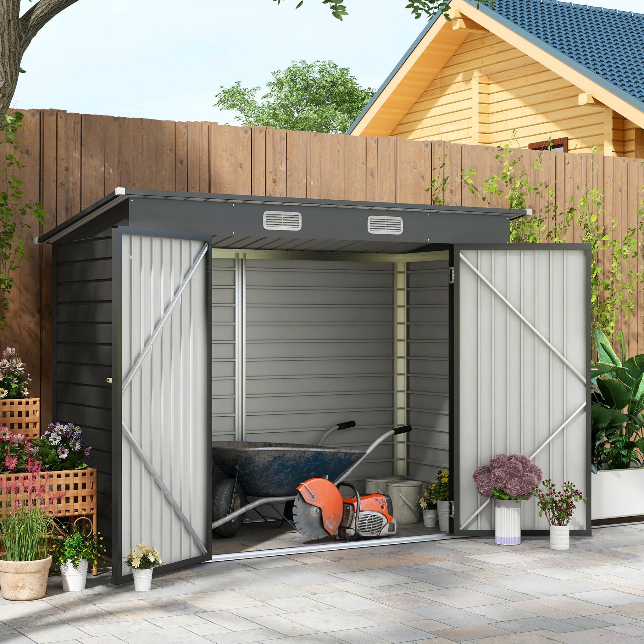 Voir la diapositive 4 : OUTSUNNY Abri de jardin 3 m² tôle d'acier 2 portes verrouillables 2 évents toit incliné