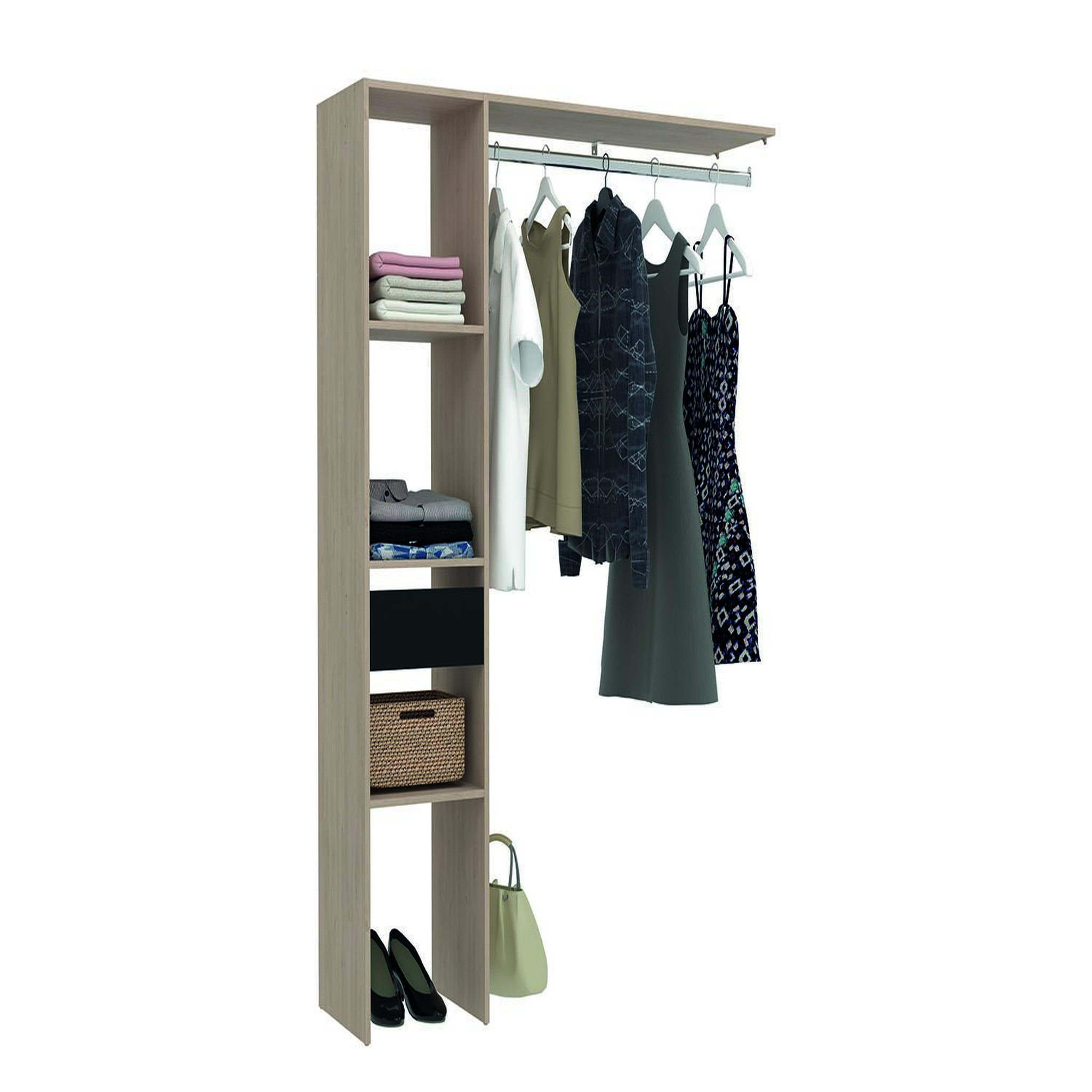 Voir la diapositive 2 : CONCEPT USINE Dressing bois avec 3 étagères 1 tiroir et une penderie : 138 x 40 x 180 cm elysee