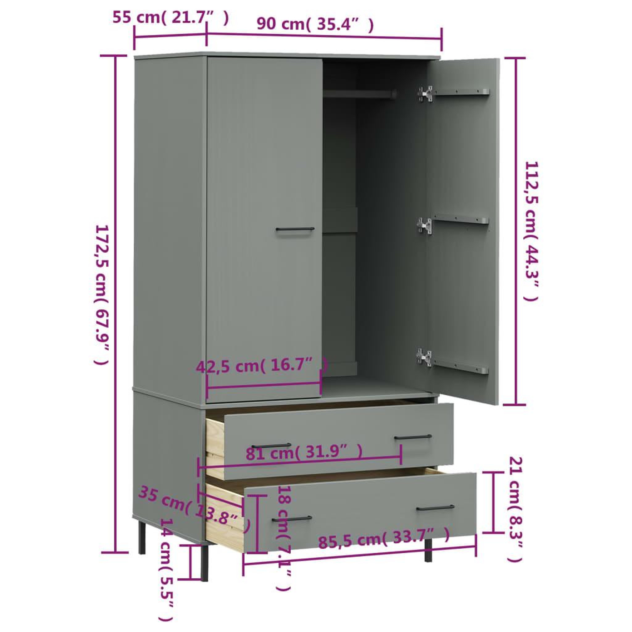 Voir la diapositive 6 : VIDAXL Garde-robe avec pieds en metal Gris 90x55x172,5 cm Bois OSLO