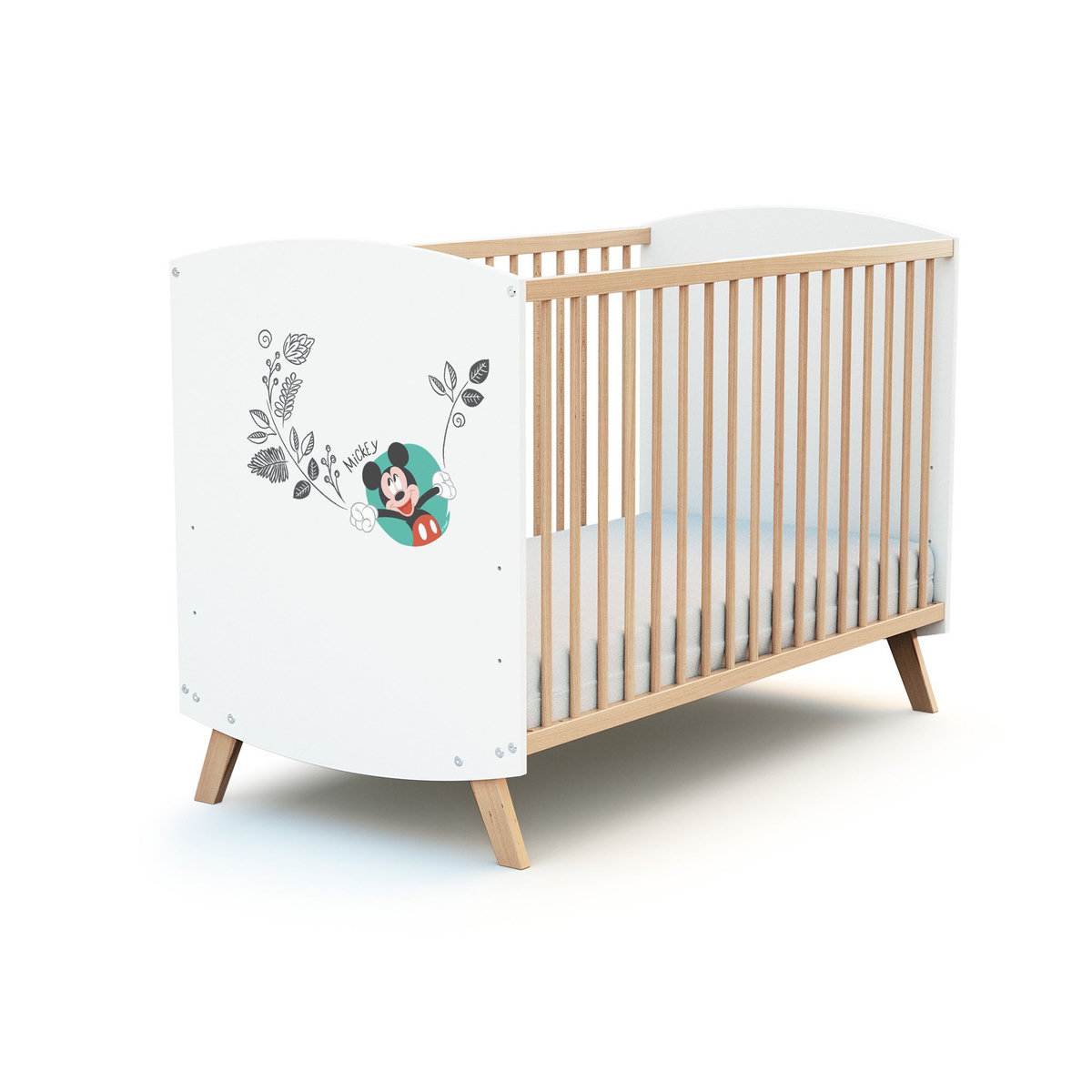 AT4 Ensemble lit bébé 60x120 cm et commode à langer 2 tiroirs MICKEY DISNEY Blanc et Hêtre