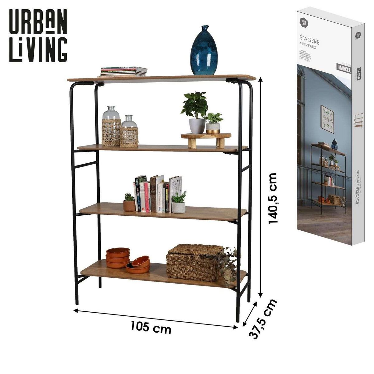 DIVERS Bibliothèque 4 niveaux Marcel avec structure en métal - Marron et noir