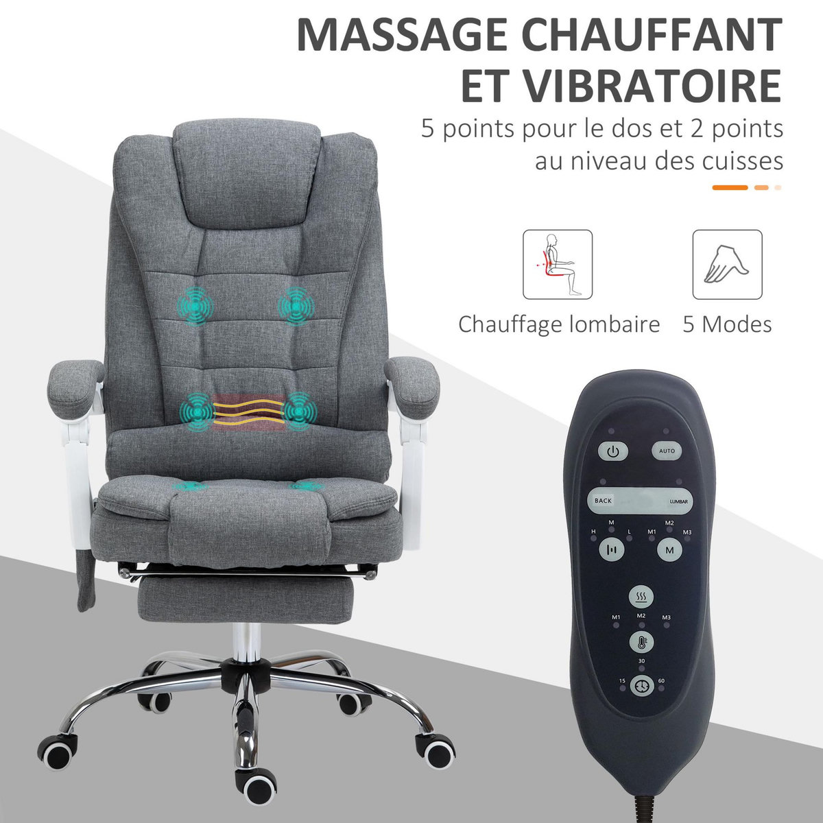 VINSETTO Fauteuil de bureau direction massant chauffant hauteur réglable dossier inclinable tissu gris