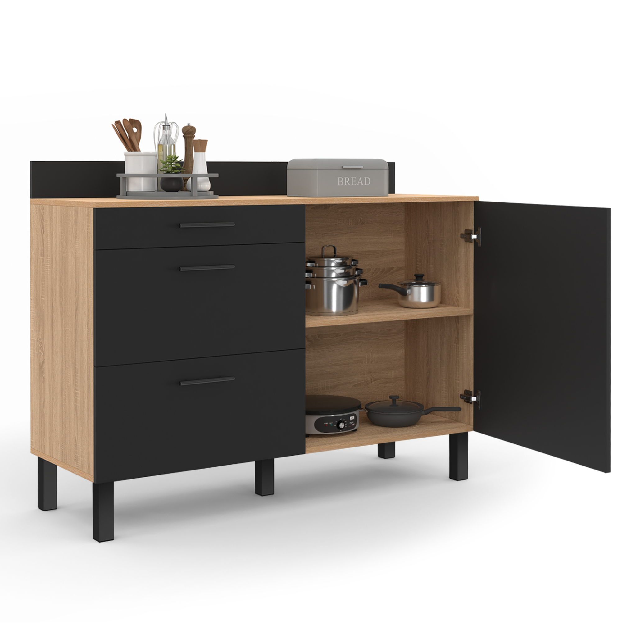 Voir la diapositive 5 : ID MARKET Buffet bas casserolier de cuisine 120 cm cina plan de travail h.83 cm 1 porte + 3 tiroirs façon hêtre et noir