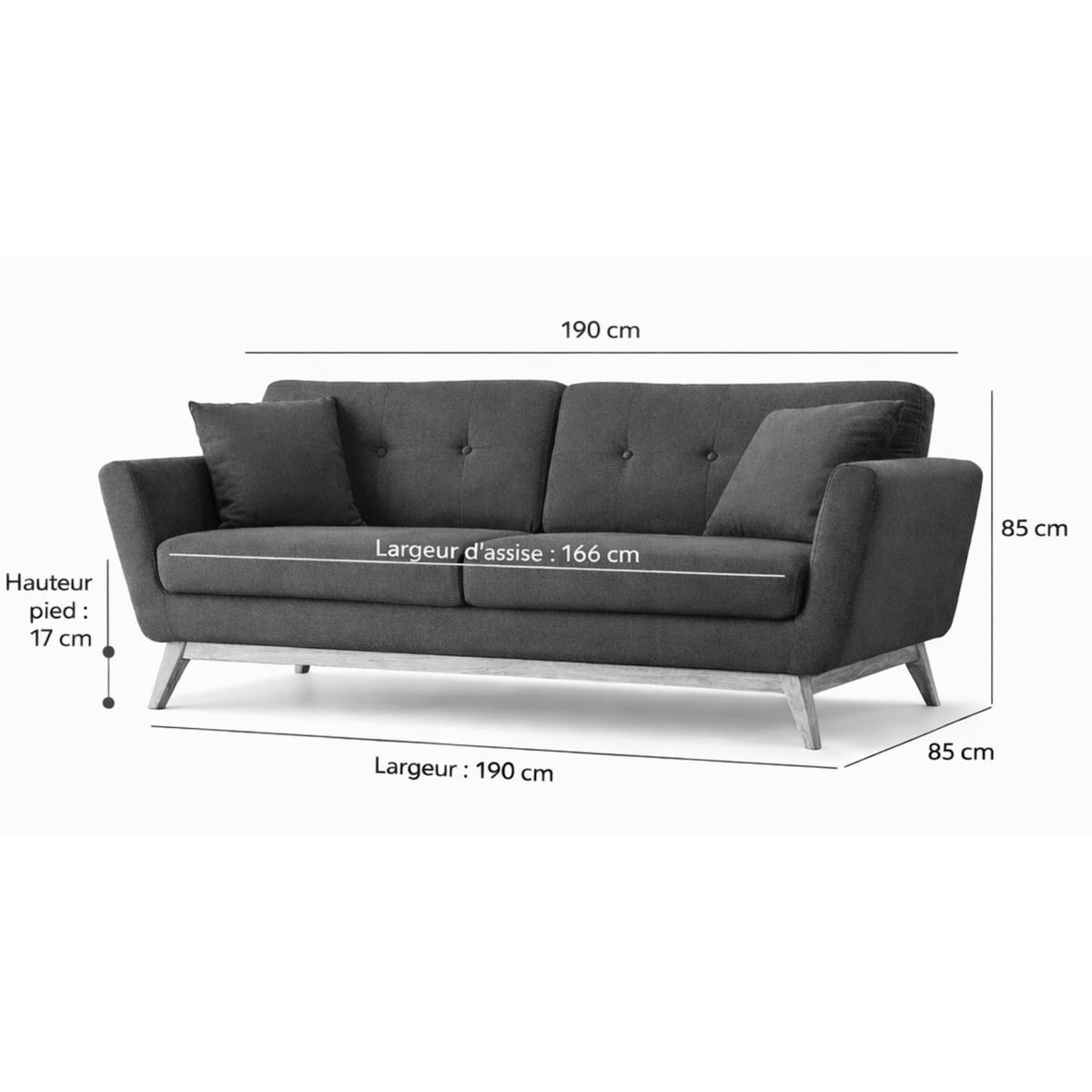 CONCEPT USINE Canapé 3 places scandinave et 2 coussins en tissu vert d'eau HOGA