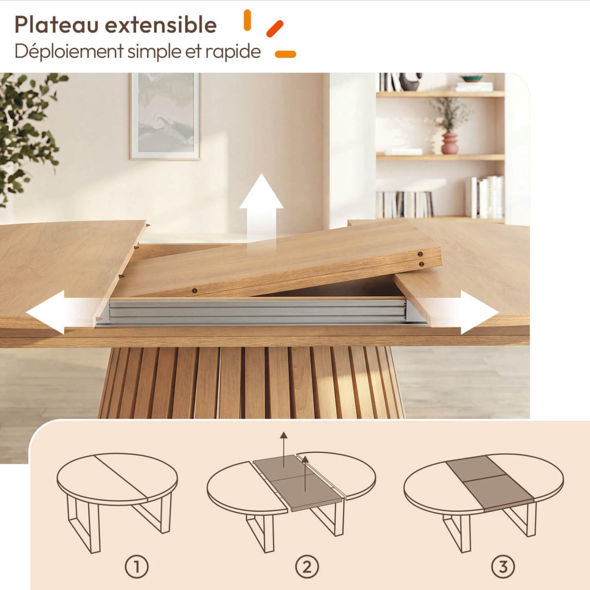 Voir la diapositive 3 : ID MARKET Ensemble table à manger extensible ronde carmen 4-8 personnes pied lattes 110 - 150 cm et 4 chaises esma effet bois et bouclette