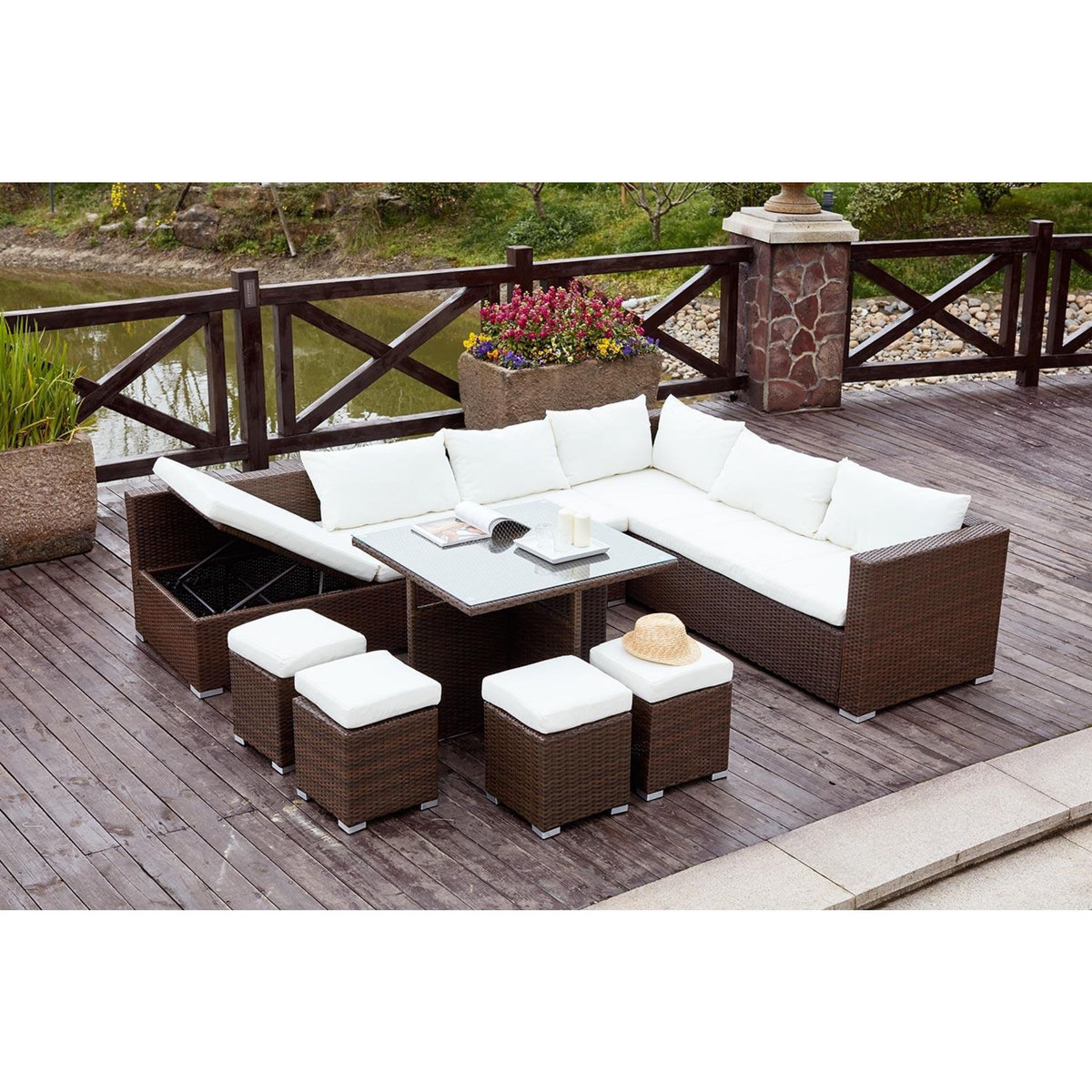 CONCEPT USINE Salon de jardin encastrable 10 places en résine marron-blanc FIDJI