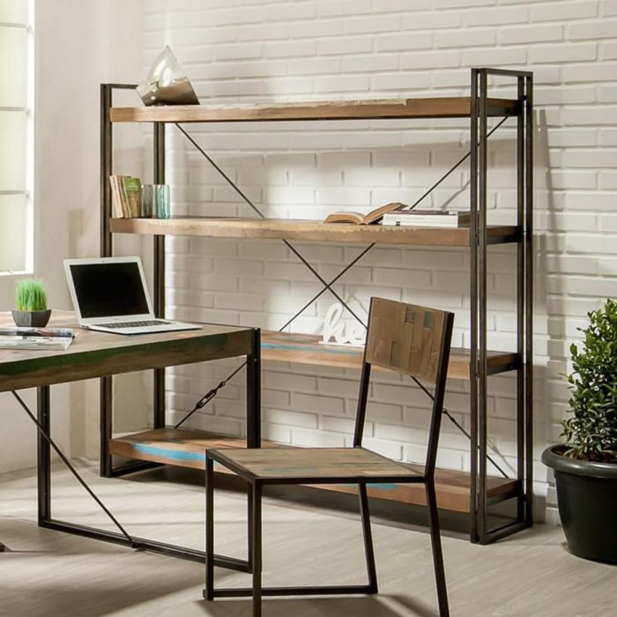 Paris Prix Bibliothèque 4 Étagères en Teck Industriel  Loft  160cm Marron