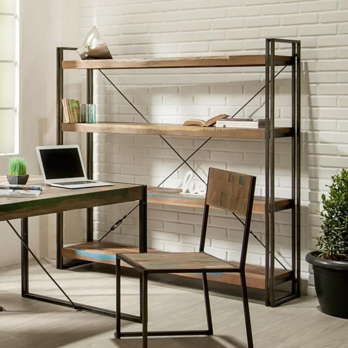 Paris Prix Bibliothèque 4 Étagères en Teck Industriel  Loft  160cm Marron