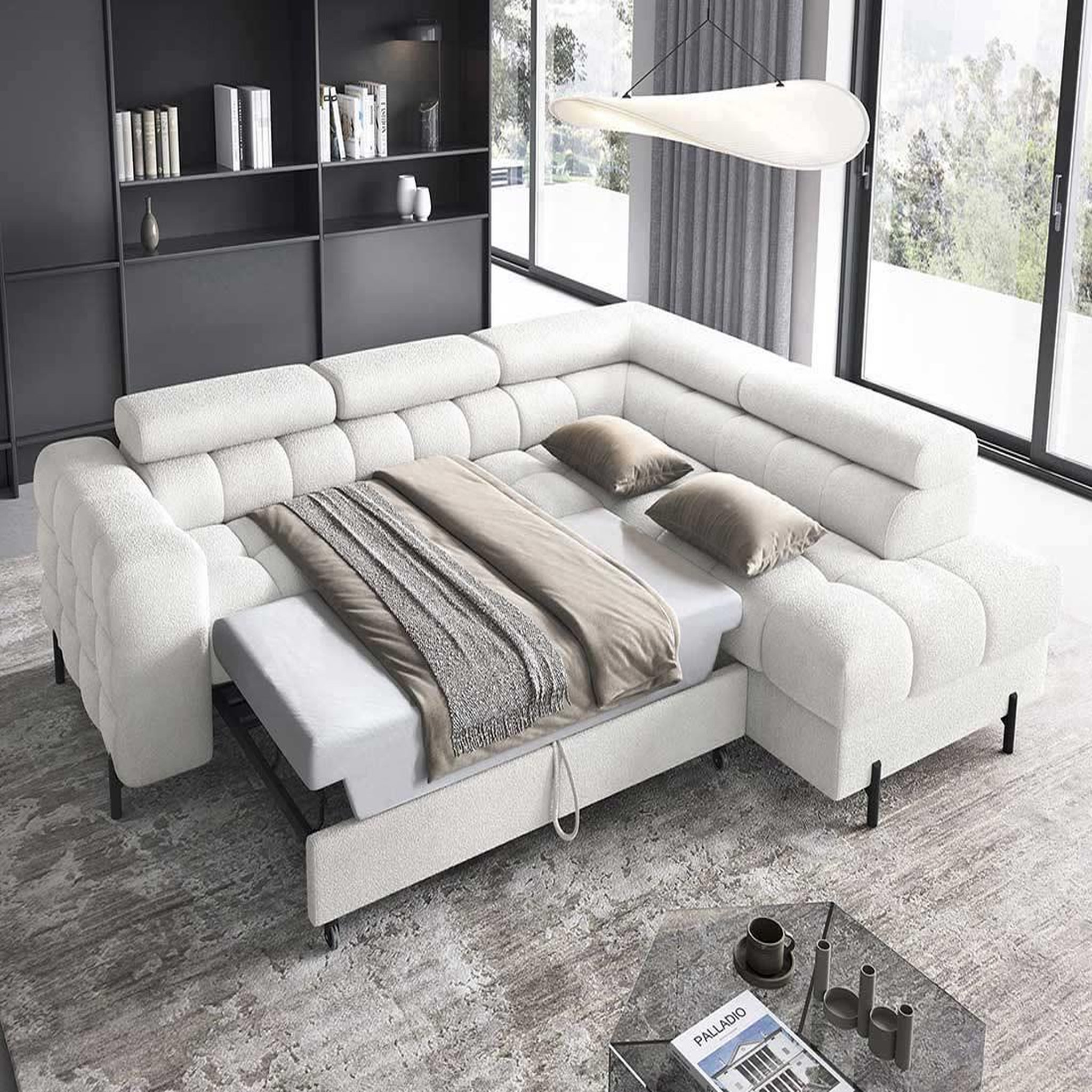 Voir la diapositive 2 : BEST MOBILIER Elisa - canapé d'angle droit 5 places convertible avec coffre et têtières réglables en tissu bouclette