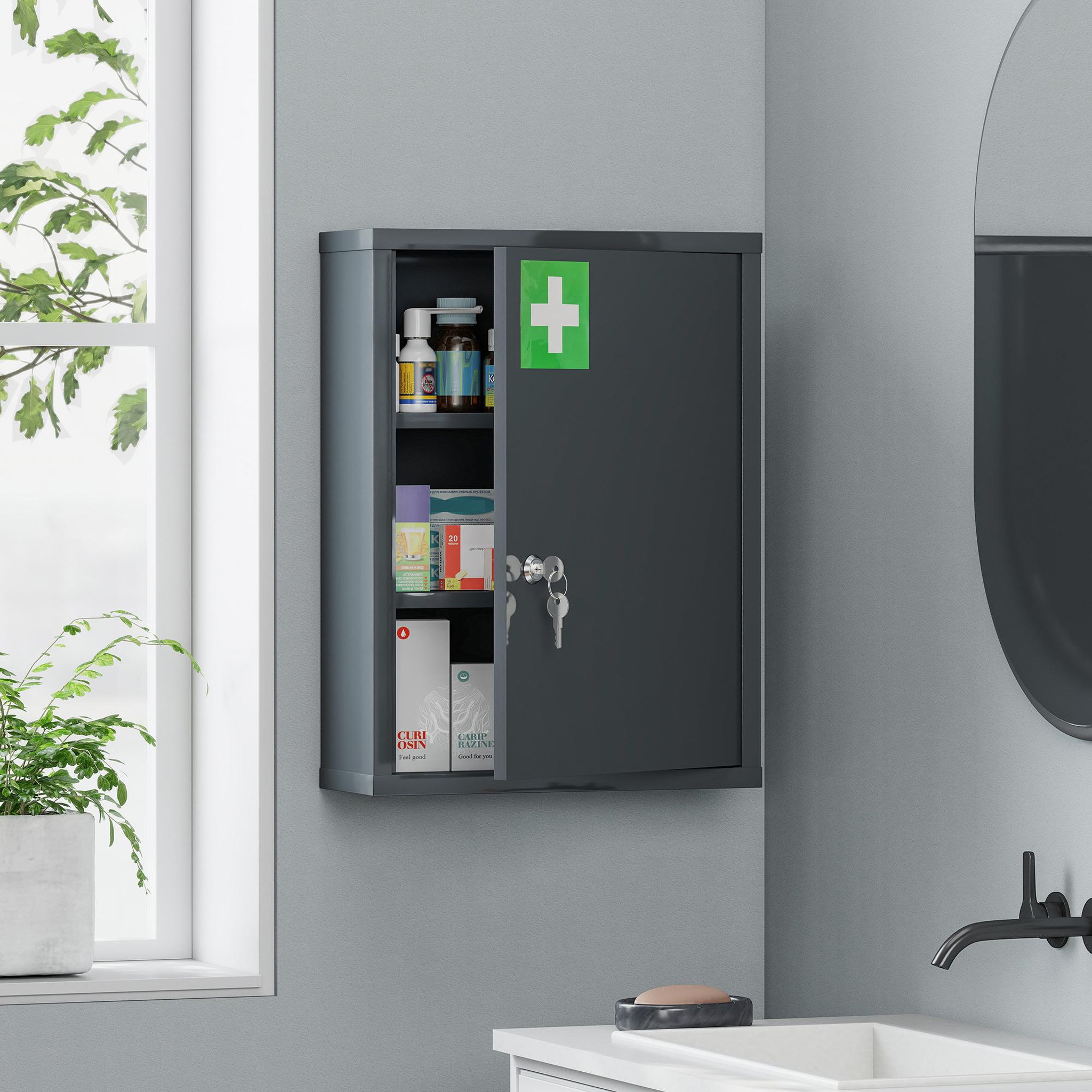 Voir la diapositive 2 : KLEANKIN Armoire à pharmacie murale verrouillable porte 2 étagères 3 niv. 40 x 15 x 53 cm acier gris