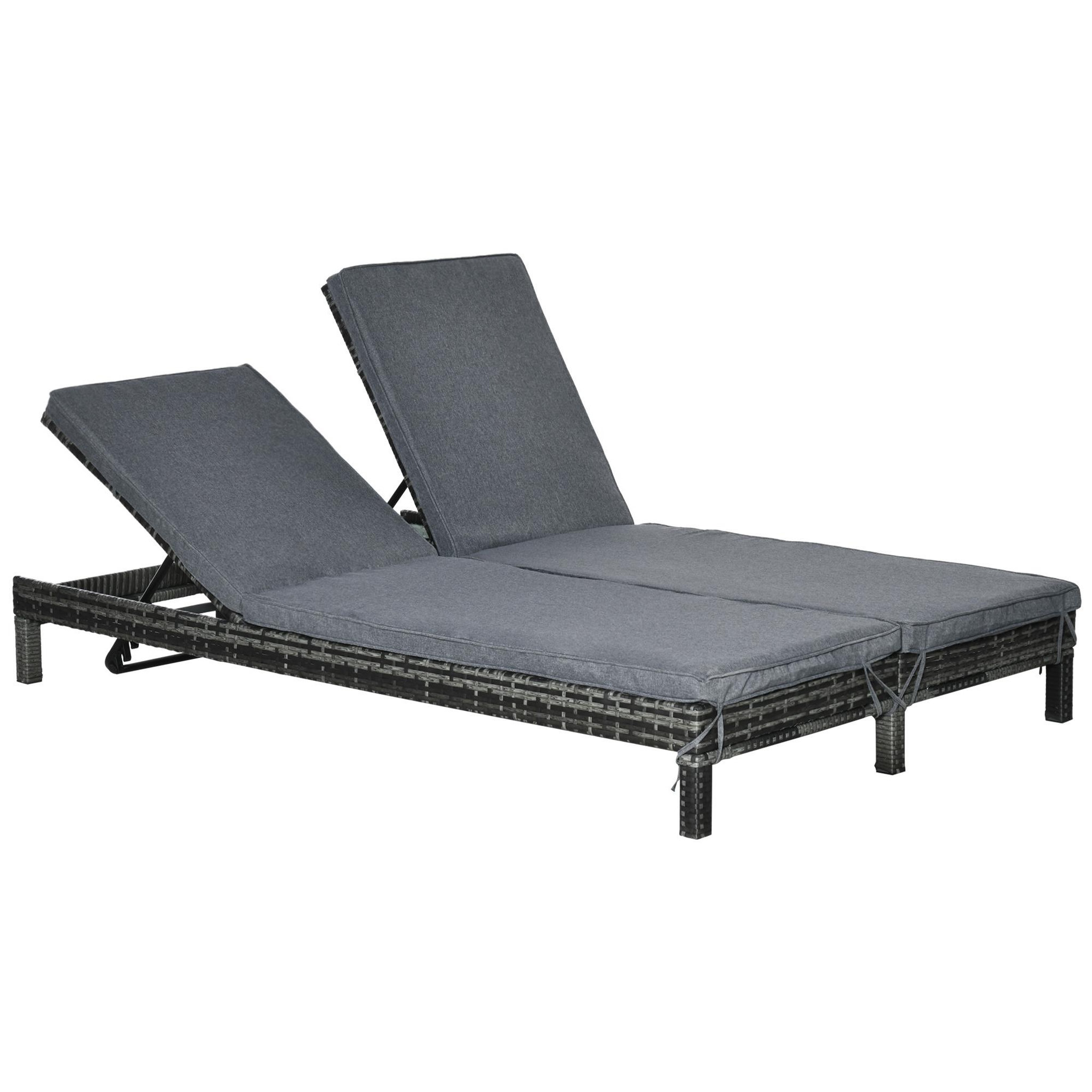 Voir la diapositive 1 : OUTSUNNY Bain de soleil transat 2 places - grand confort - dossier inclinable multi-positions - matelas fournis - résine tressée gris