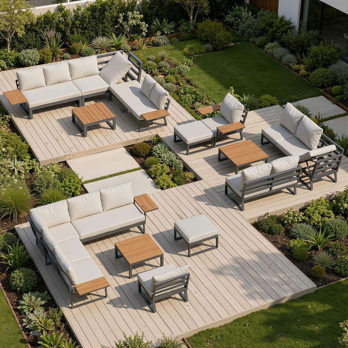 MERAX Salon de jardin 7 places en métal avec canapé d'angle, fauteuil, table basse et tabouret