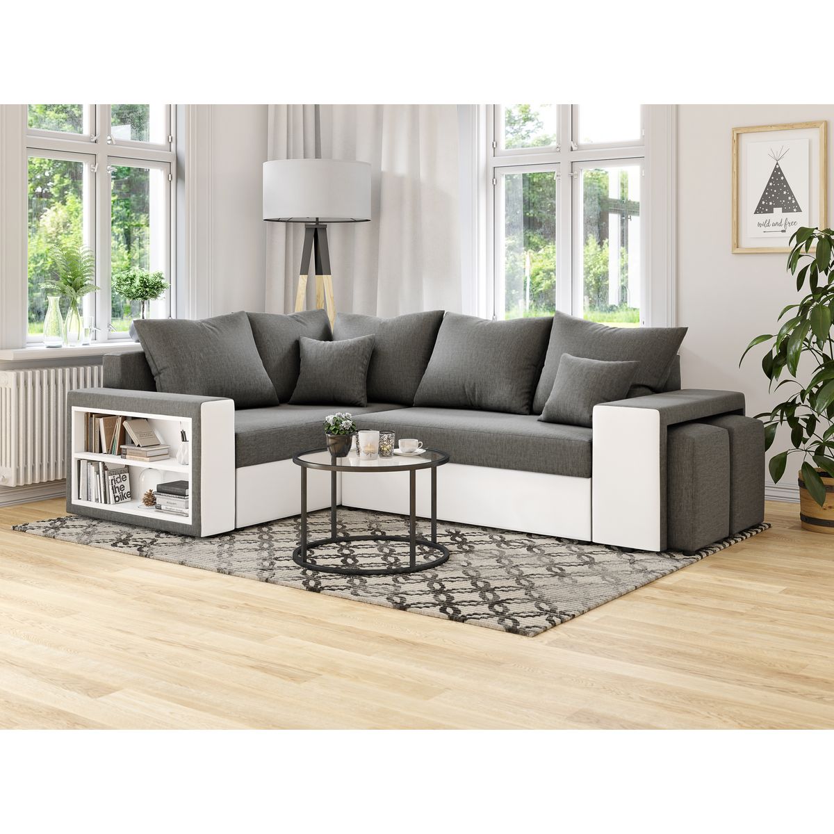 Canapé d'angle convertible réversible 5 places avec étagères et poufs intégrés AUSTIN XL