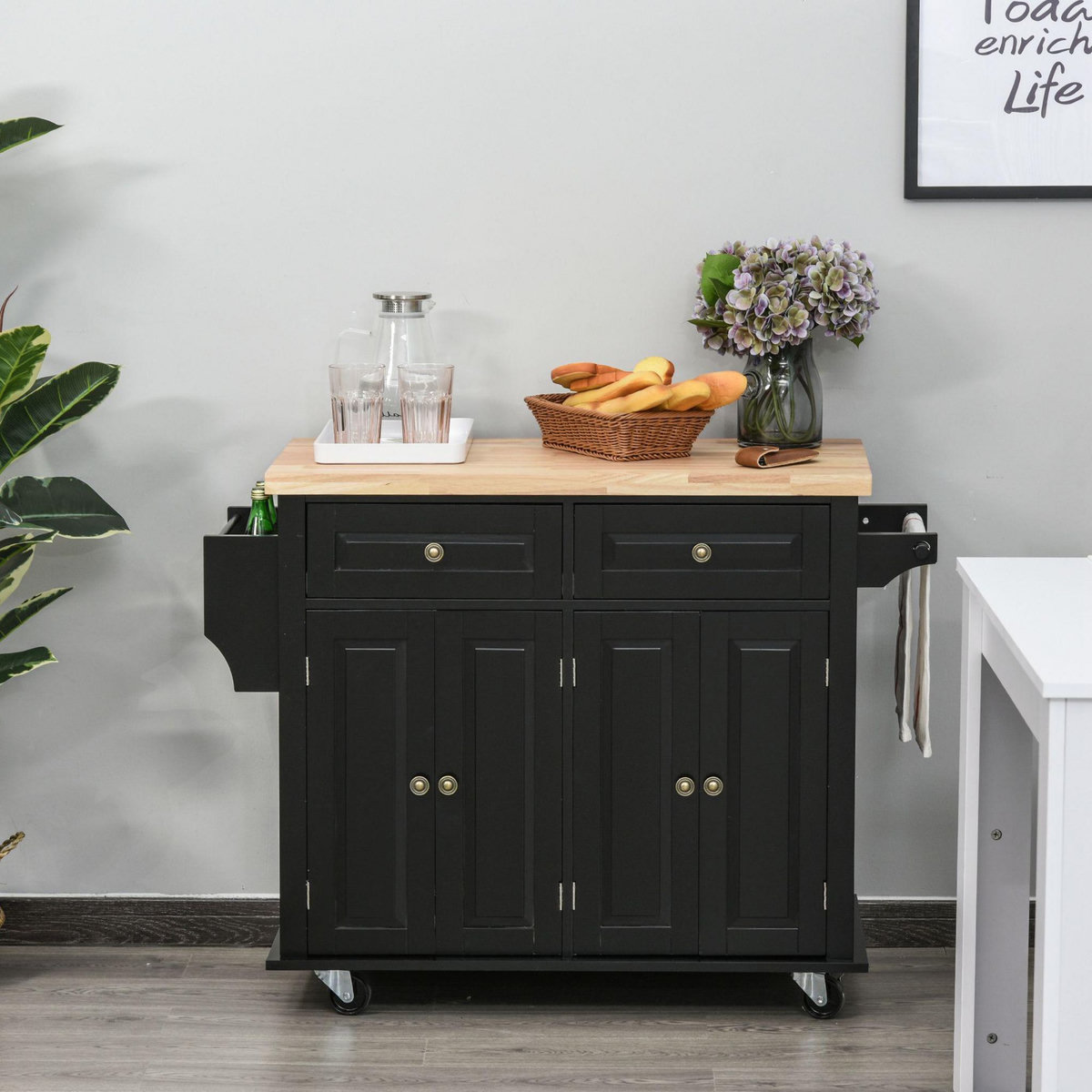 HOMCOM Desserte de cuisine multi rangements 2 tiroirs 2 placard 2 portes avec étagère range-bouteille porte-torchons MDF hévéa