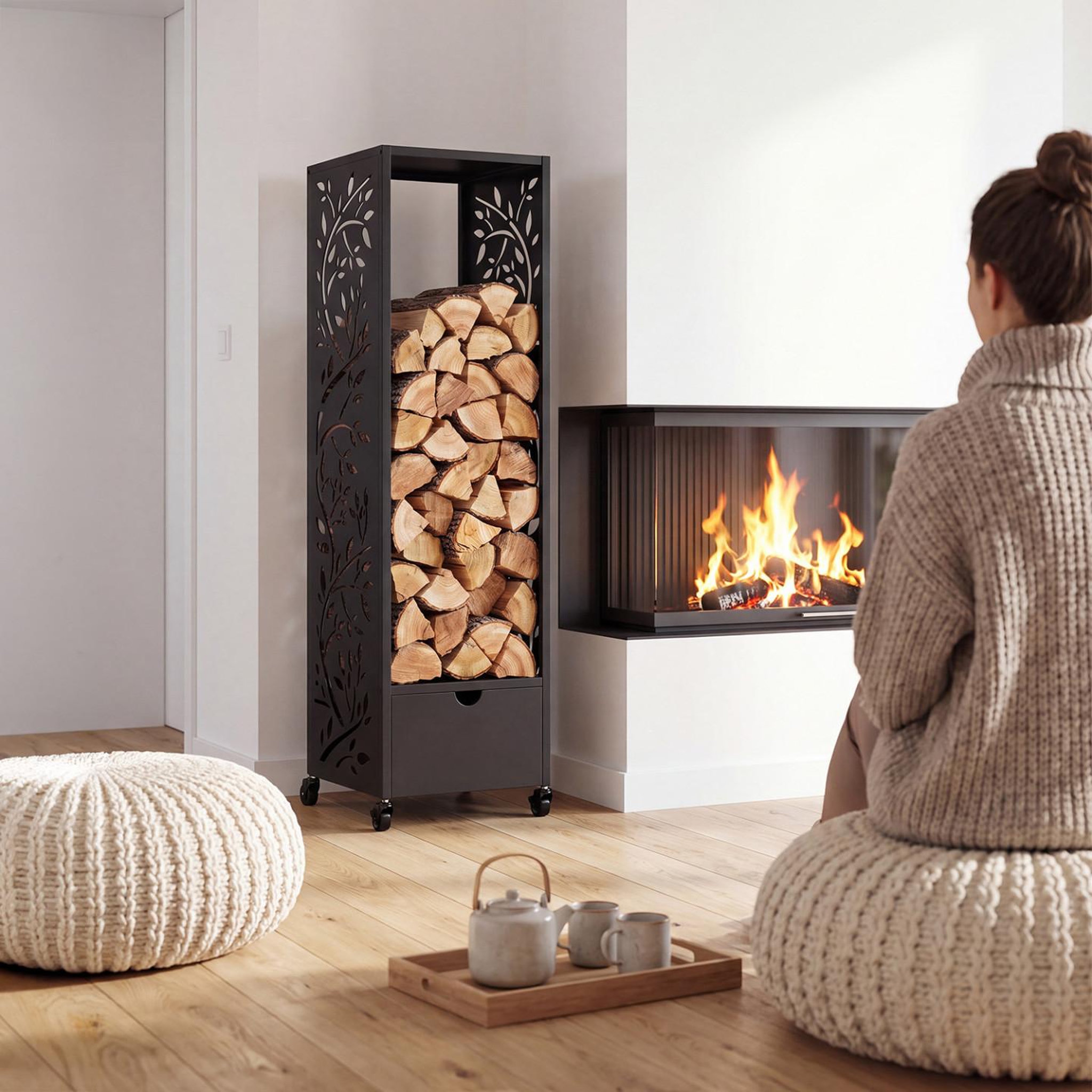 Voir la diapositive 6 : ID MARKET Range bûches vertical plein acier noir motif arbre h. 140 cm pour cheminée avec roulettes et tiroir