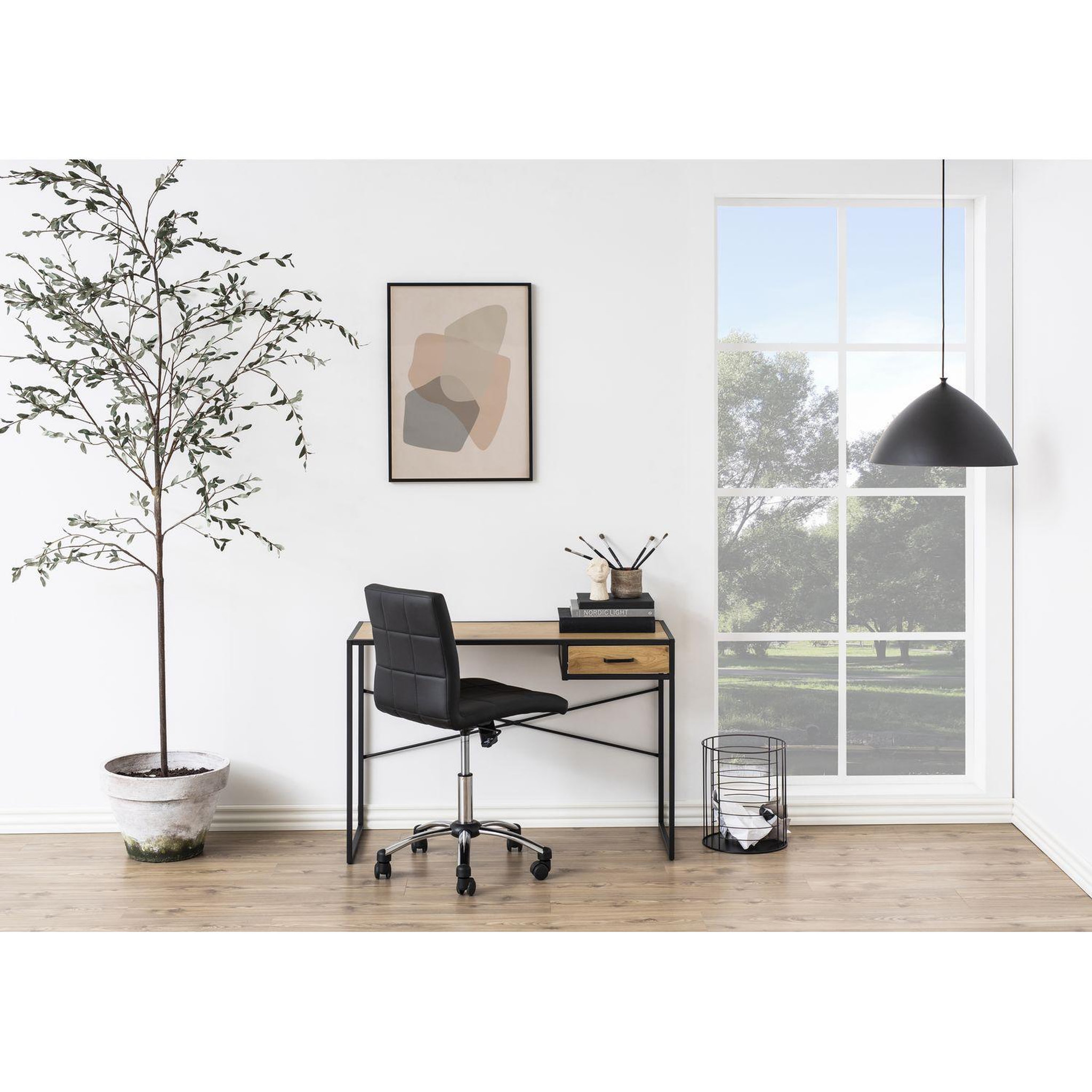Voir la diapositive 2 : TOILINUX Bureau en mdf et métal 1 tiroir - l 110cm x l. 45cm x h. 75 cm - beige et noir