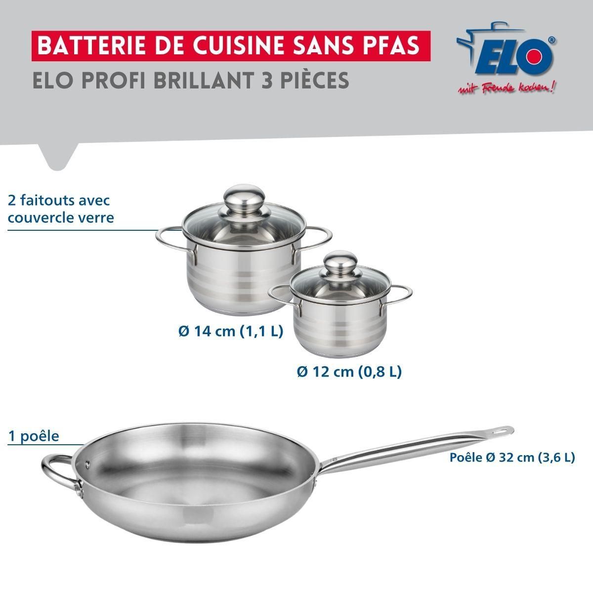 666 Barcelona Ensemble de 1 Poêle de cuisson 32 cm et 2 faitouts 12 et 14 cm Elo Profi Brillant