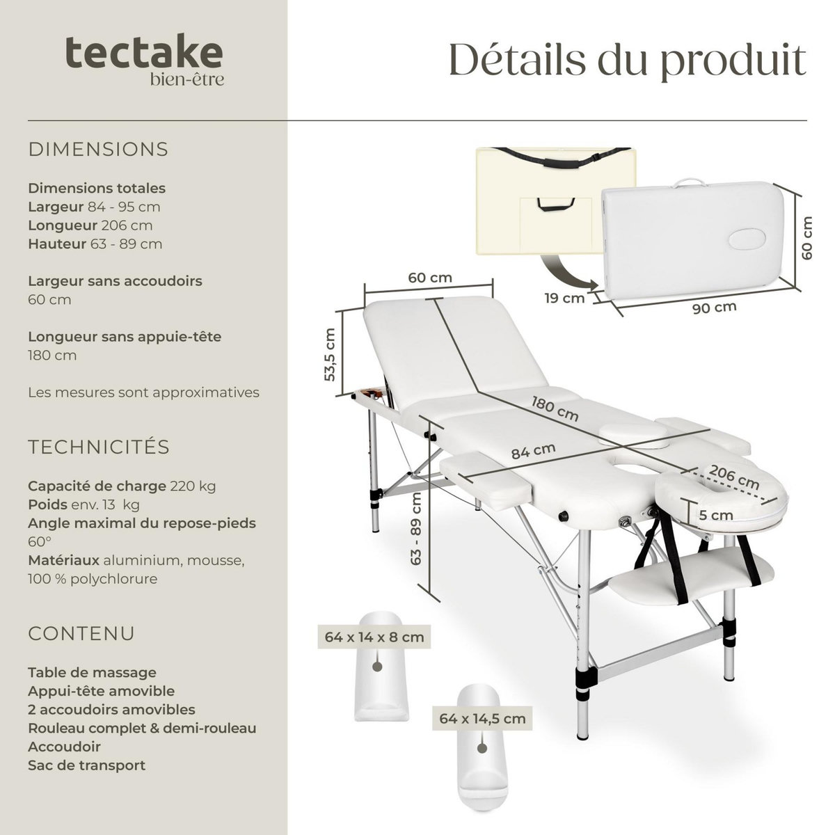 tectake Table de massage portable pliante à 3 zones largeur 60 cm et rembourrage de 5 cm blanc