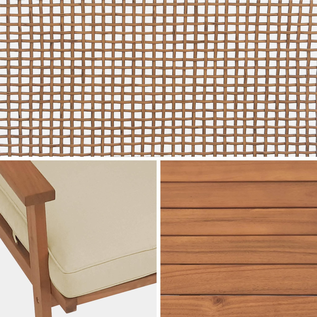 SWEEEK Salon de jardin en bois et cannage canapé 2 places, 2 fauteuils, 1 table basse - Bohémia 117x64x74 cm