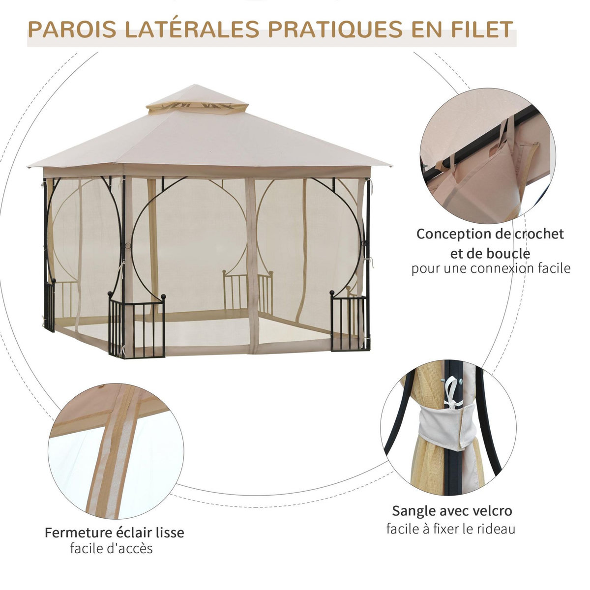 OUTSUNNY Pavillon de jardin tonnelle barnum style colonial double toit toiles moustiquaires amovibles zippées dim. 2,95L x 2,95l x 2,75H m beige noir
