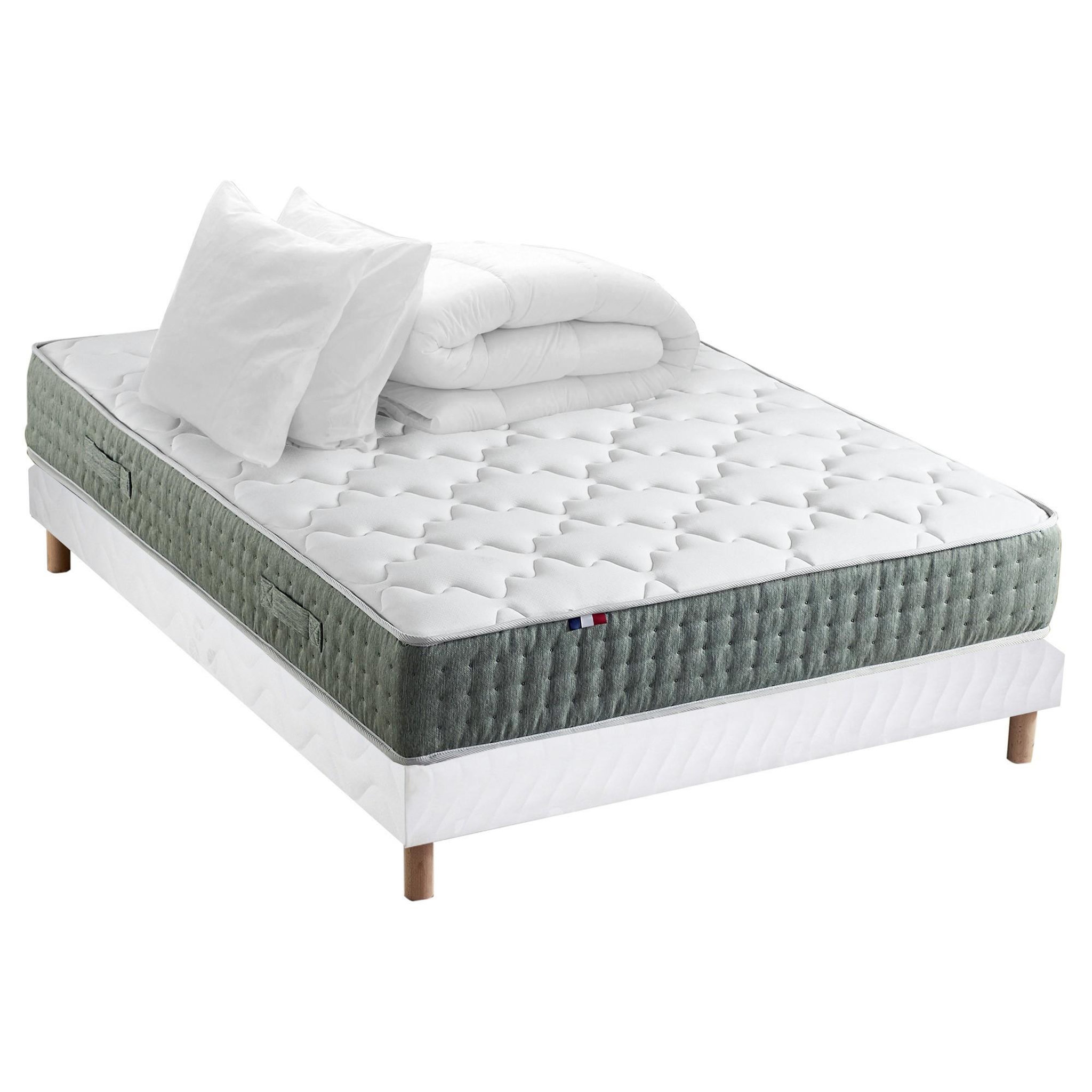 IDLITERIE Ensemble matelas Ressort 7 zones HYGGE + Sommier + couette + oreillers Fabriqué en France. Coloris disponibles : Bleu, Vert, Gris