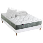 IDLITERIE Ensemble matelas Ressort 7 zones HYGGE + Sommier + couette + oreillers Fabriqué en France. Coloris disponibles : Bleu, Gris, Vert