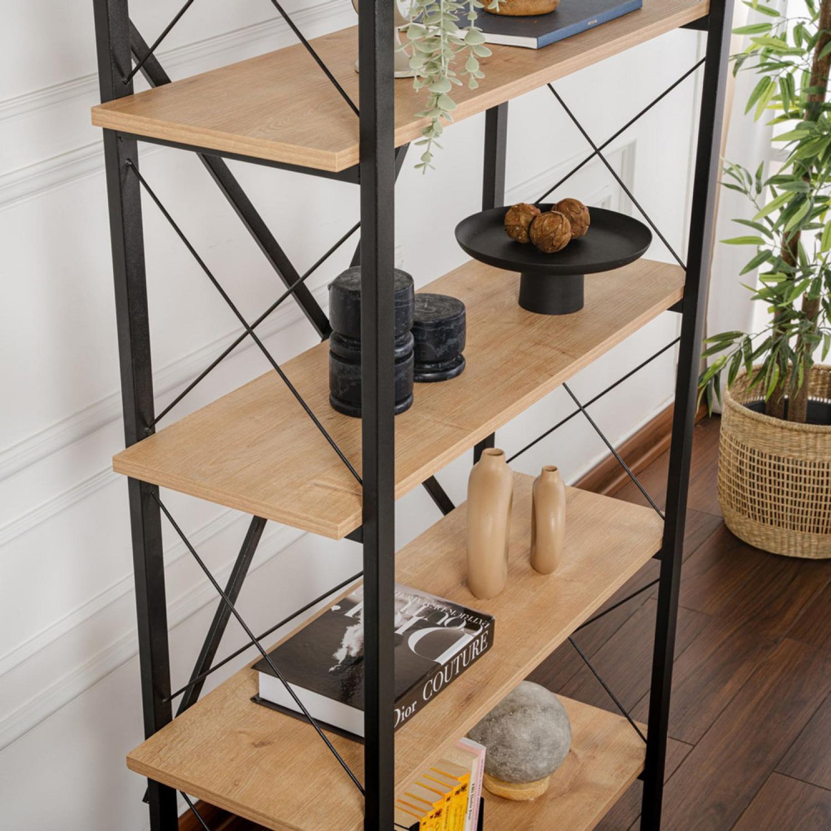 CONCEPT USINE Etagère moderne 5 espaces de rangement bois et métal 180cm ELYSIAN