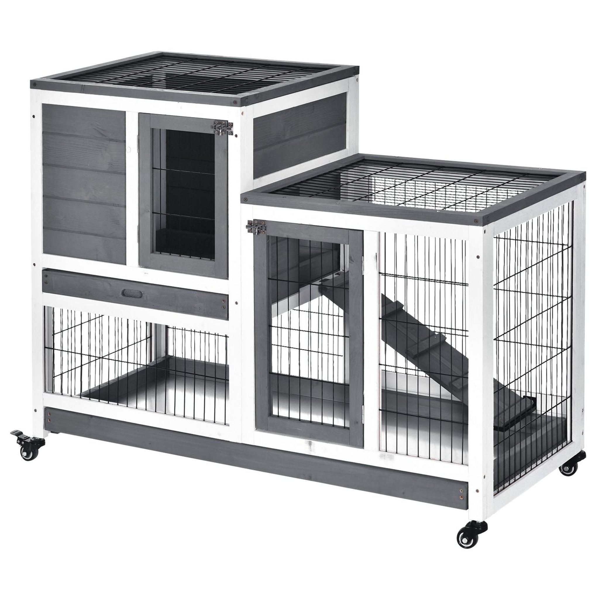 Voir la diapositive 1 : PAWHUT Clapier à lapin sur roulettes cage à lapin 2 étages 2 portes verrouillables 2 plateaux coulissants rampe bois de sapin gris blanc