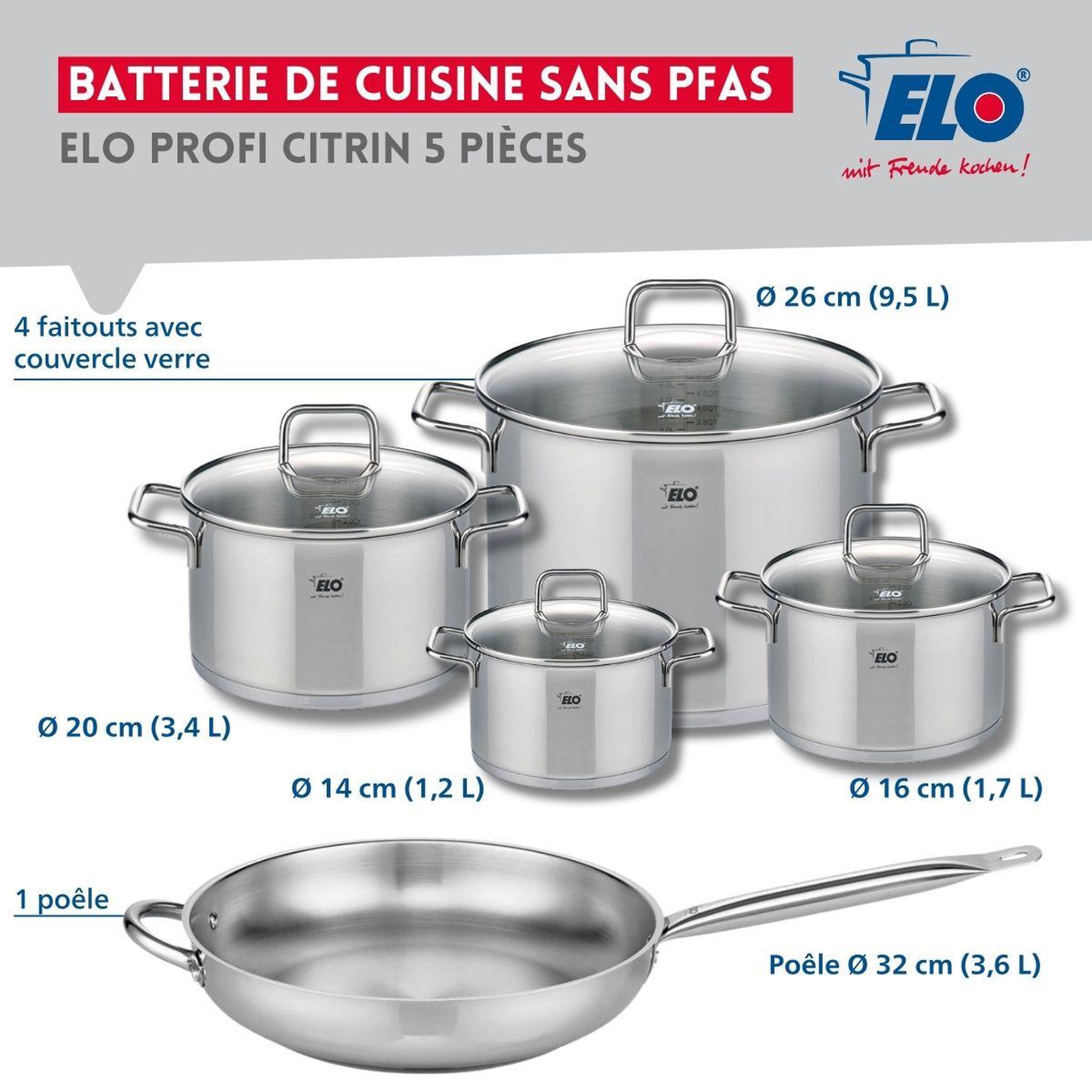 Voir la diapositive 2 : ELO Set de 1 poêle de cuisson 32 cm et 4 faitouts 14, 16, 20 et 26 cm elo profi citrin