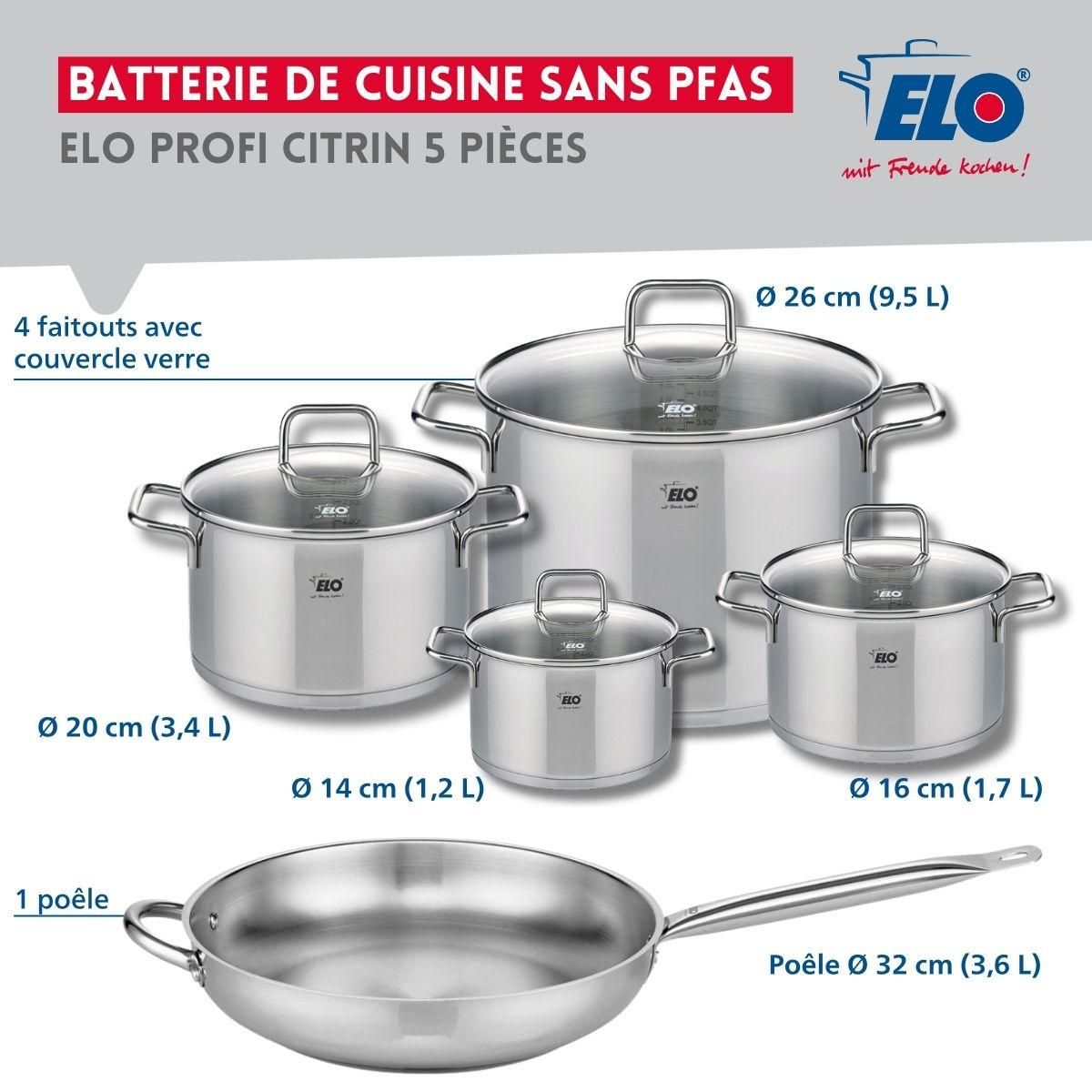 ELO Set de 1 Poêle de cuisson 32 cm et 4 faitouts 14, 16, 20 et 26 cm Elo Profi Citrin