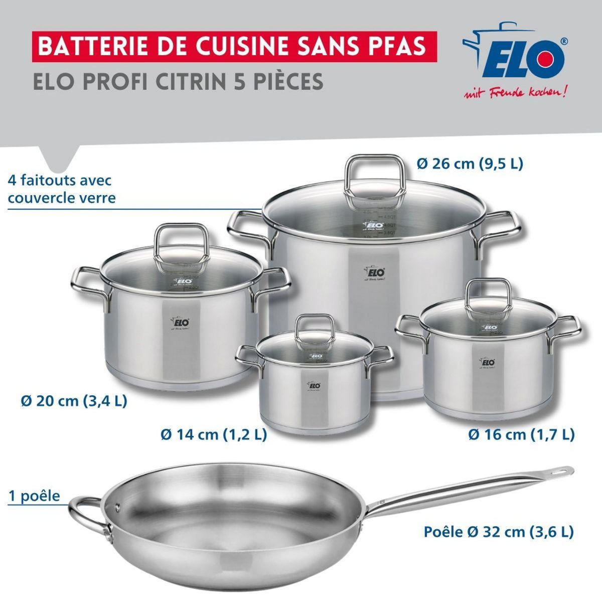 ELO Set de 1 Poêle de cuisson 32 cm et 4 faitouts 14, 16, 20 et 26 cm Elo Profi Citrin