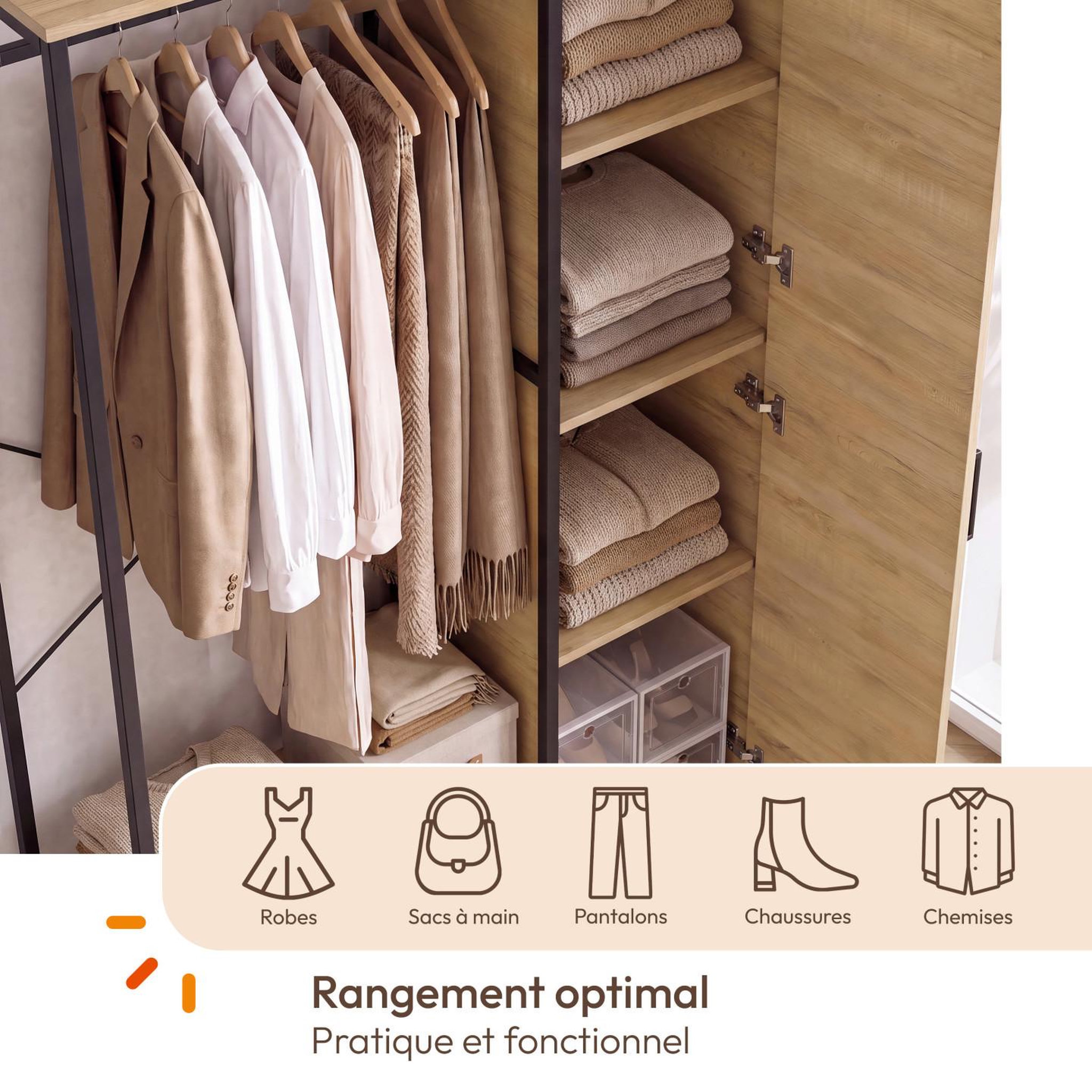 Voir la diapositive 4 : ID MARKET Dressing penderie étagères avec porte l. 90 cm detroit design industriel