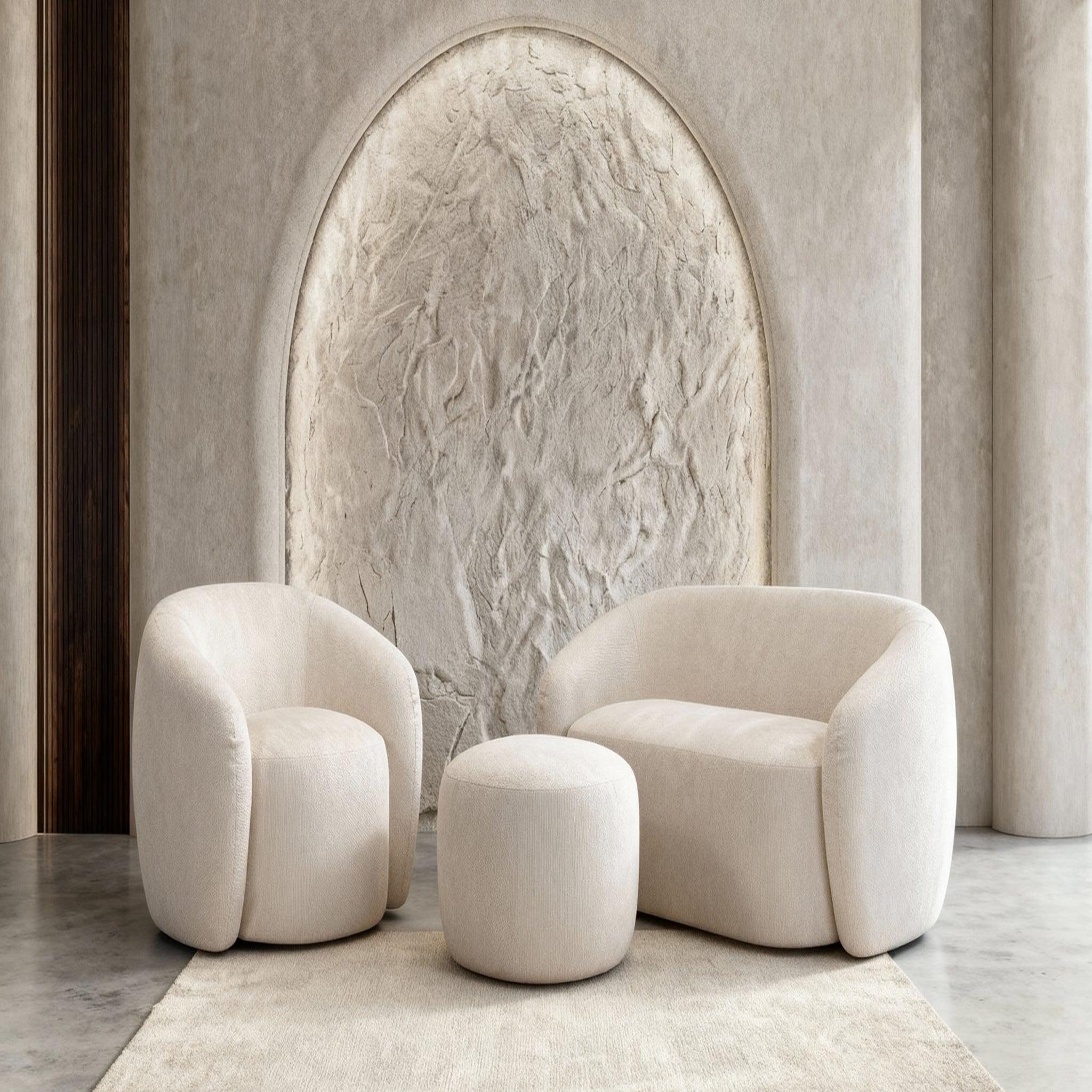 Voir la diapositive 2 : CASANOVA PARIS Aurelie - pack canapé droit 2 places + fauteuil + pouf tissu